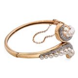 Vintage 14k Yellow Gold Pearl and Diamond Bypass Hinged Bangle Bracelet