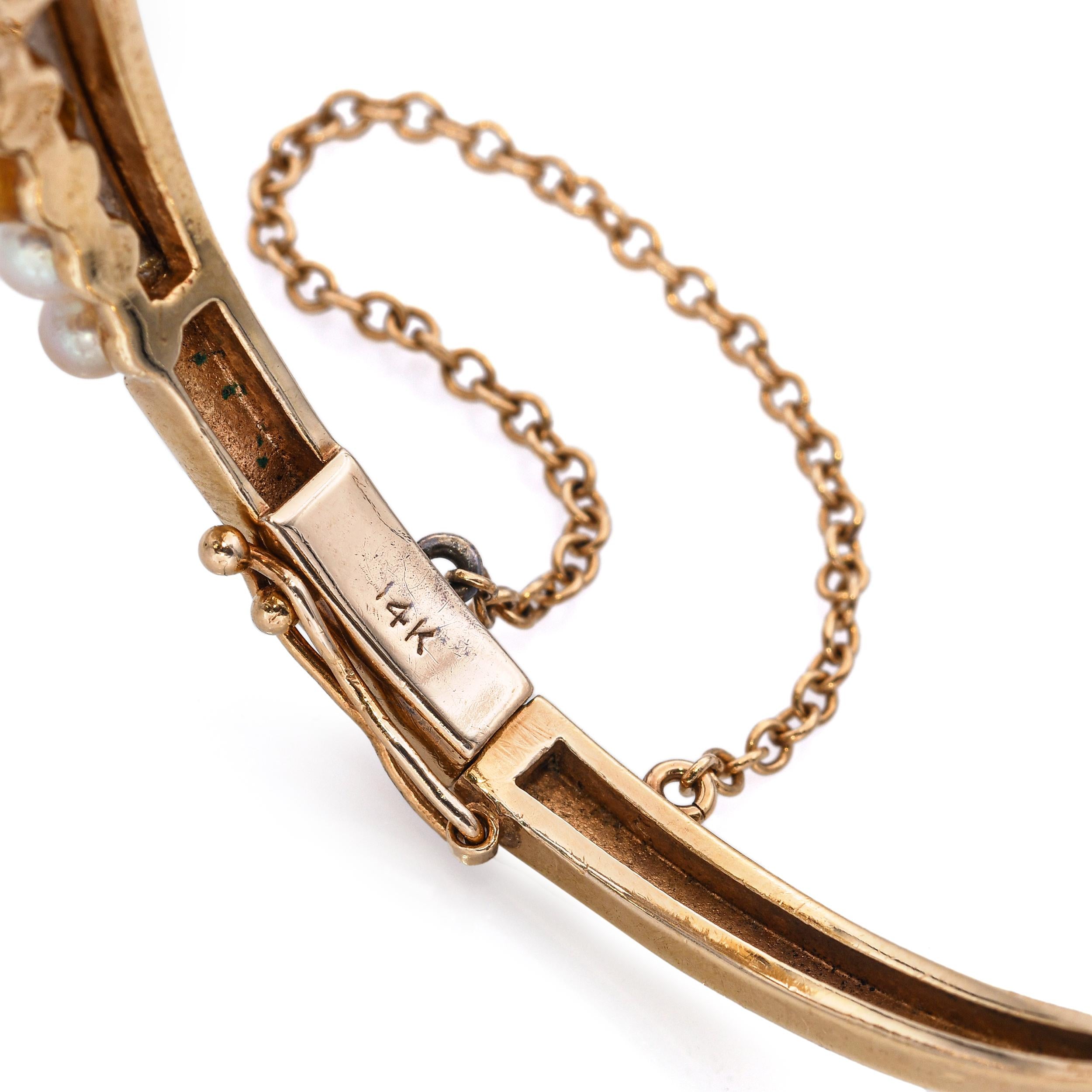 Vintage 14k Yellow Gold Pearl and Diamond Bypass Hinged Bangle Bracelet