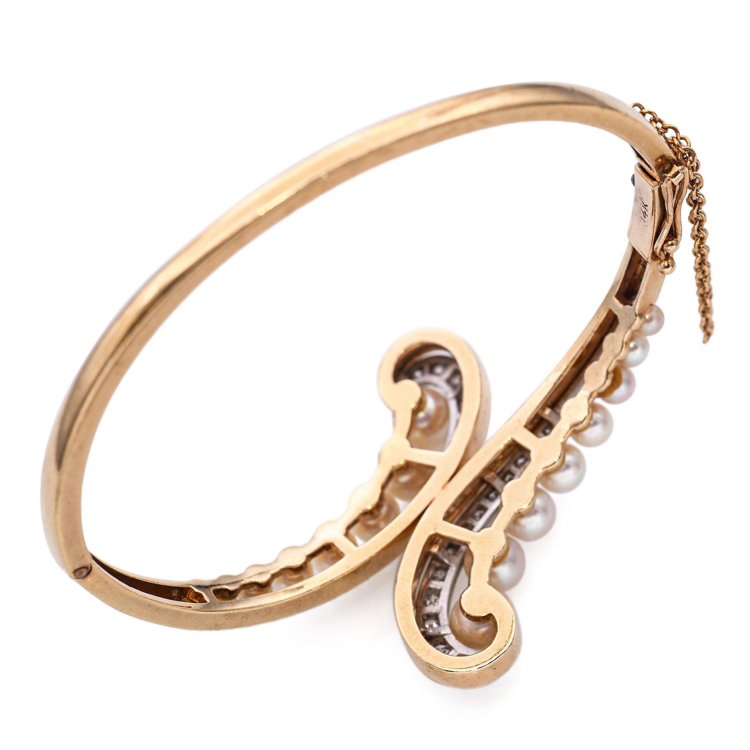 Vintage 14k Yellow Gold Pearl and Diamond Bypass Hinged Bangle Bracelet