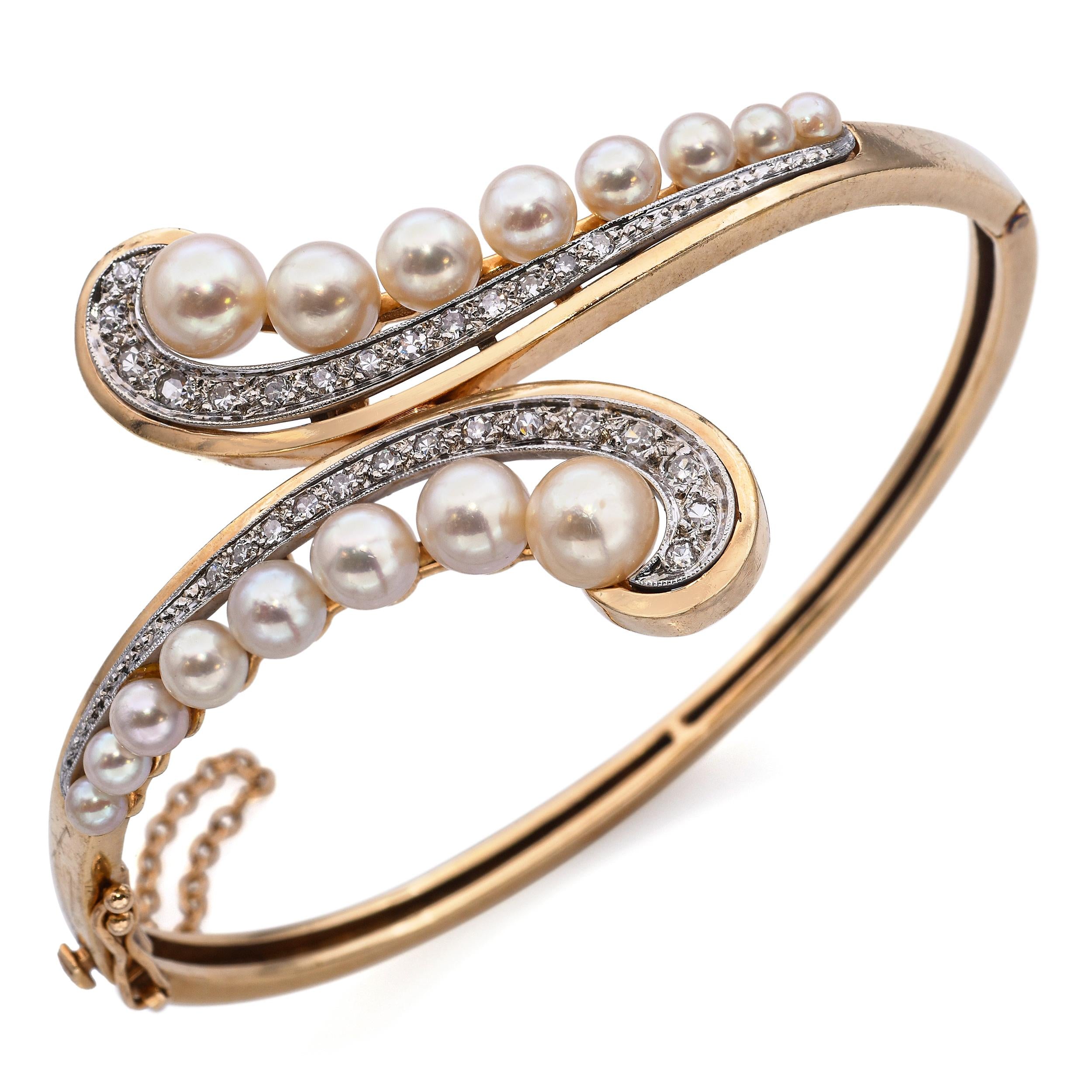 Vintage 14k Yellow Gold Pearl and Diamond Bypass Hinged Bangle Bracelet