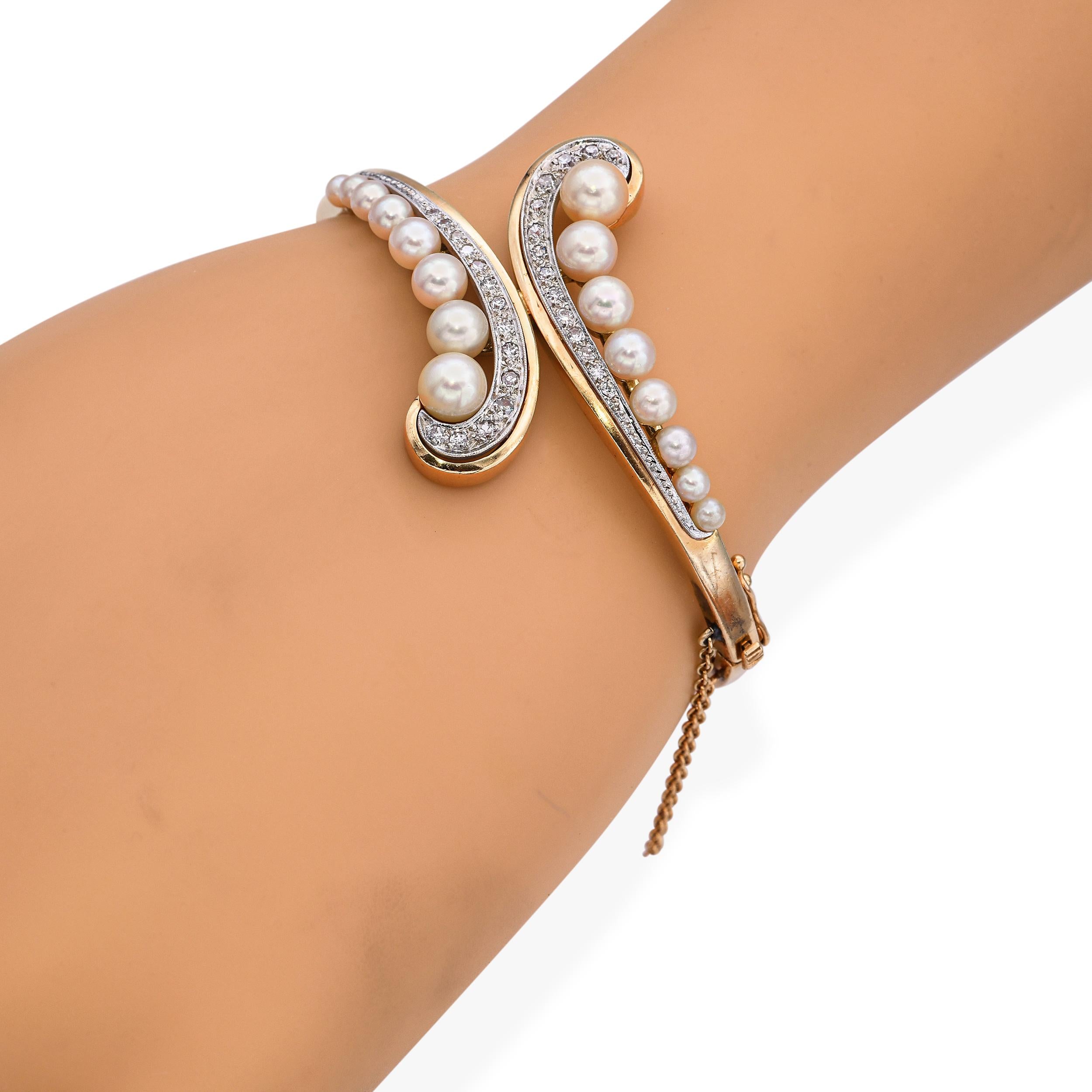 Vintage 14k Yellow Gold Pearl and Diamond Bypass Hinged Bangle Bracelet