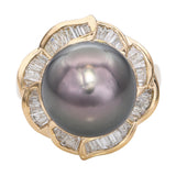 Vintage 18k Yellow Gold Tahitian Pearl and Diamond Statement Ring