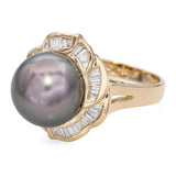 Vintage 18k Yellow Gold Tahitian Pearl and Diamond Statement Ring