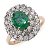 Vintage 16k Yellow Gold and Silver Diamond and Emerald Statement Ring
