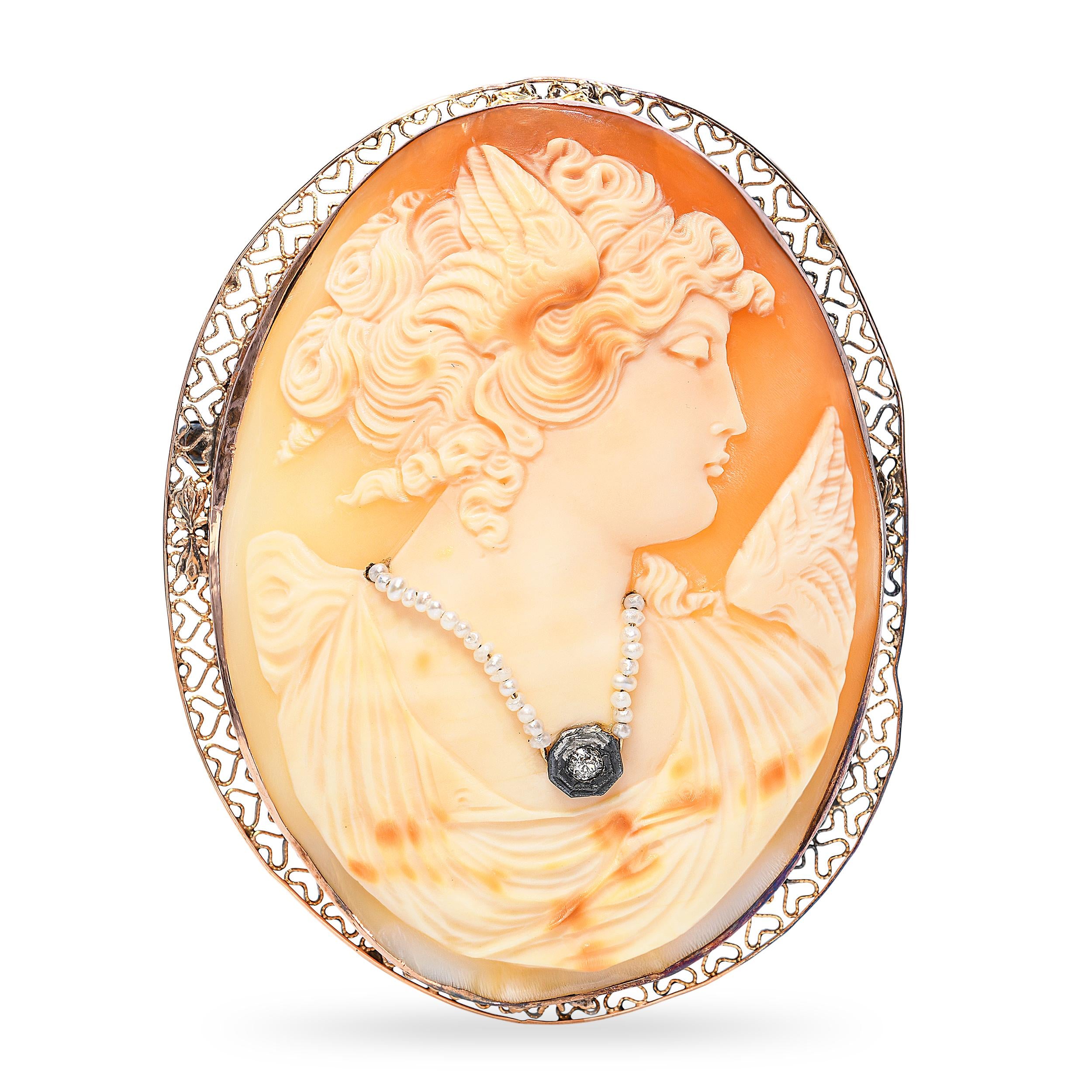 Antique 10k Rose Gold Shell Cameo Victoria the Winged Goddess of Victory Brooch