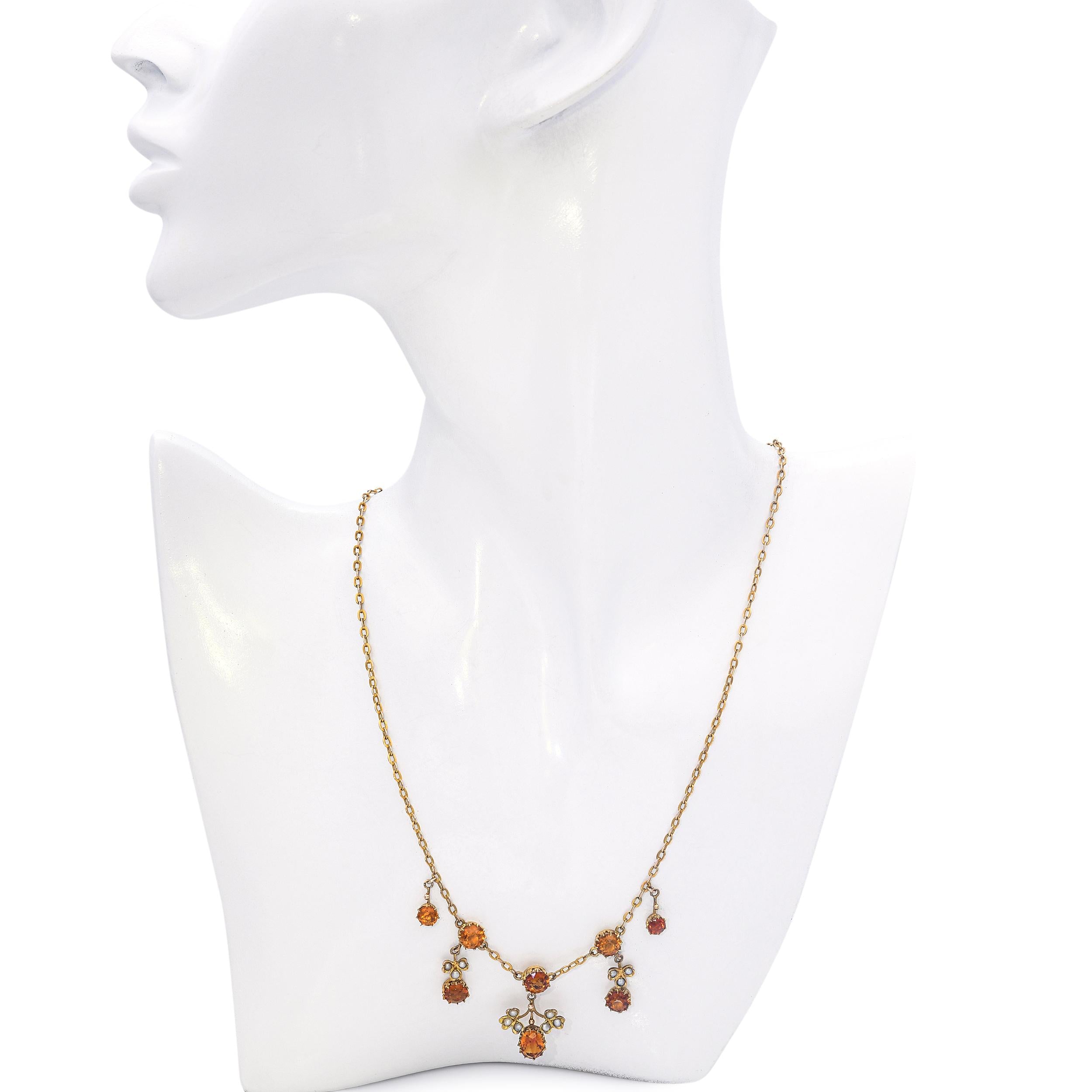 Antique Art Nouveau 9kt Yellow Gold Floral 4.65tcw Citrine and Pearl Necklace