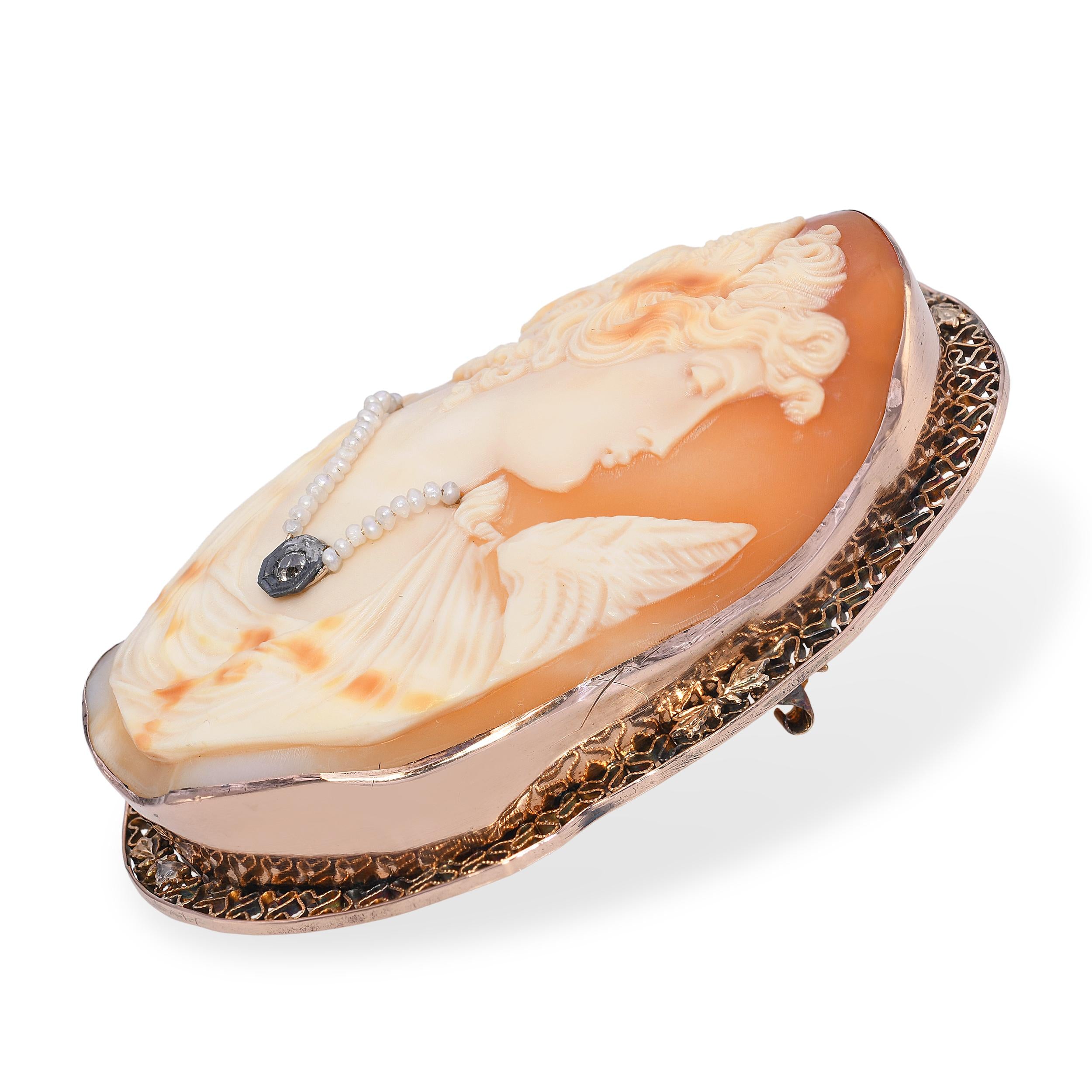 Antique 10k Rose Gold Shell Cameo Victoria the Winged Goddess of Victory Brooch