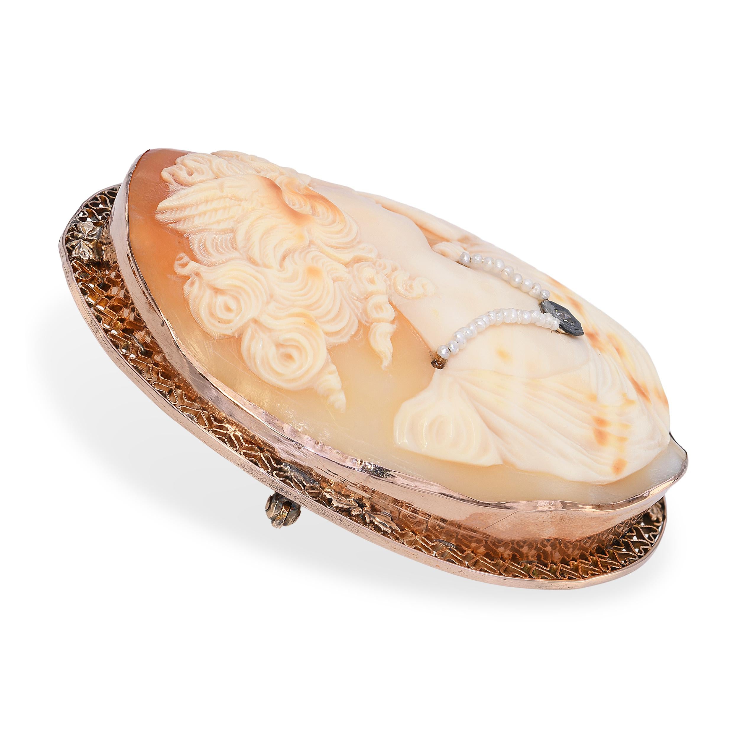 Antique 10k Rose Gold Shell Cameo Victoria the Winged Goddess of Victory Brooch