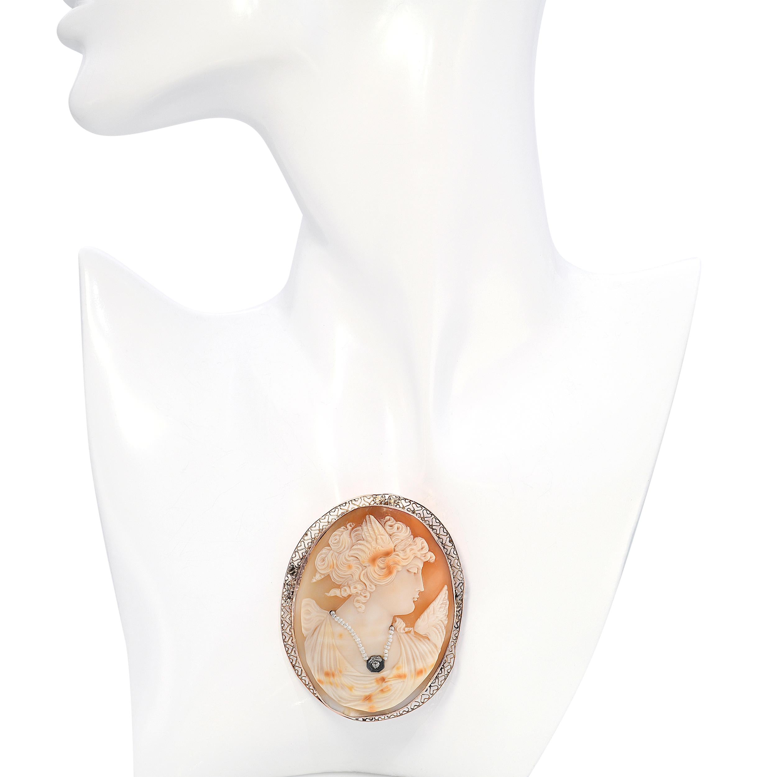 Antique 10k Rose Gold Shell Cameo Victoria the Winged Goddess of Victory Brooch