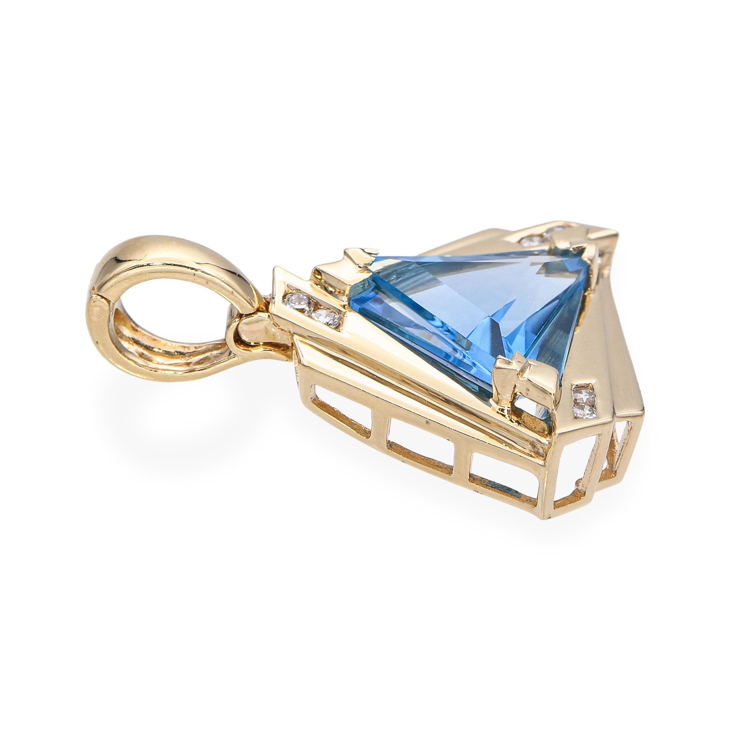 Vintage 14k Yellow Gold 8.95ct Blue Topaz and Diamond Geometric Pendant