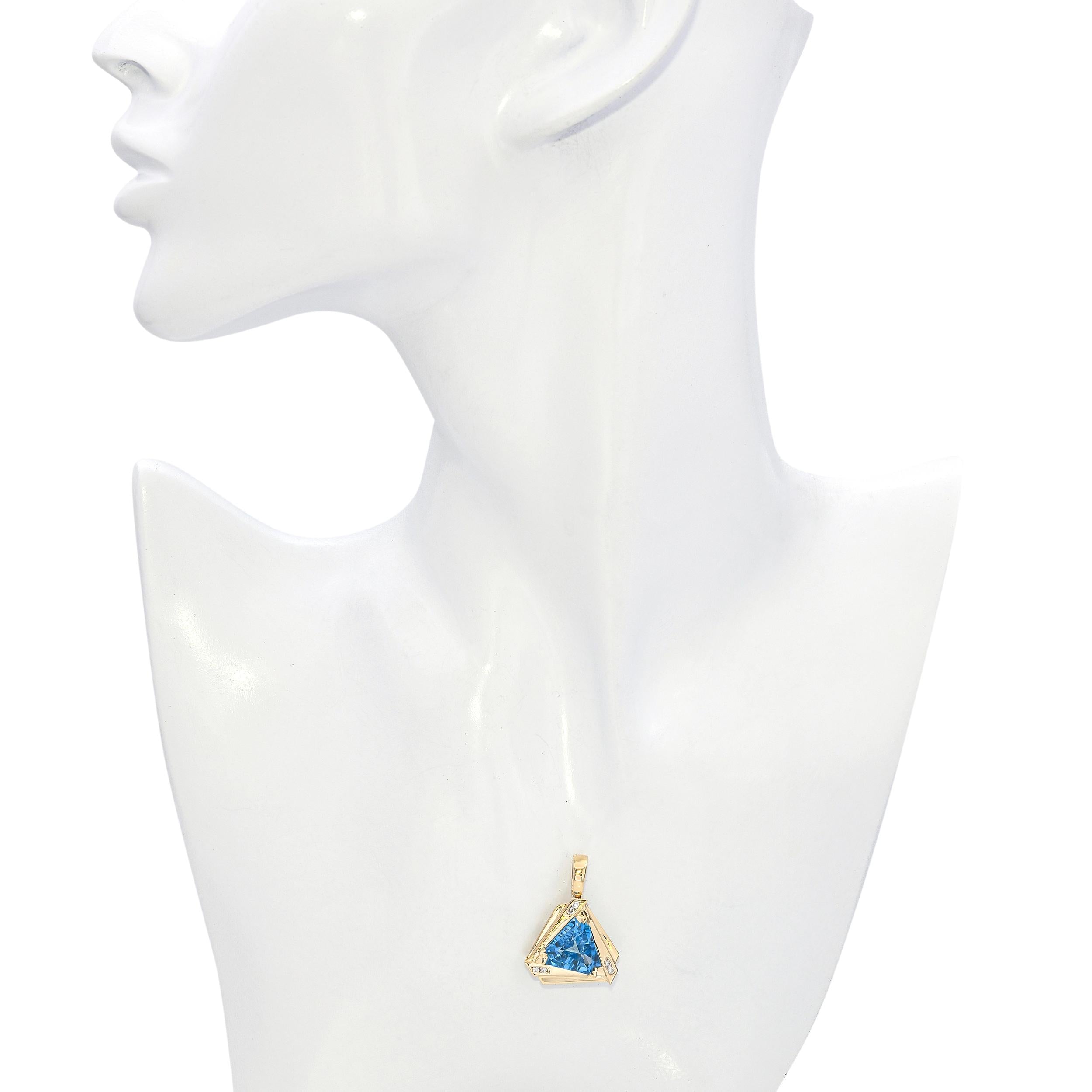Vintage 14k Yellow Gold 8.95ct Blue Topaz and Diamond Geometric Pendant