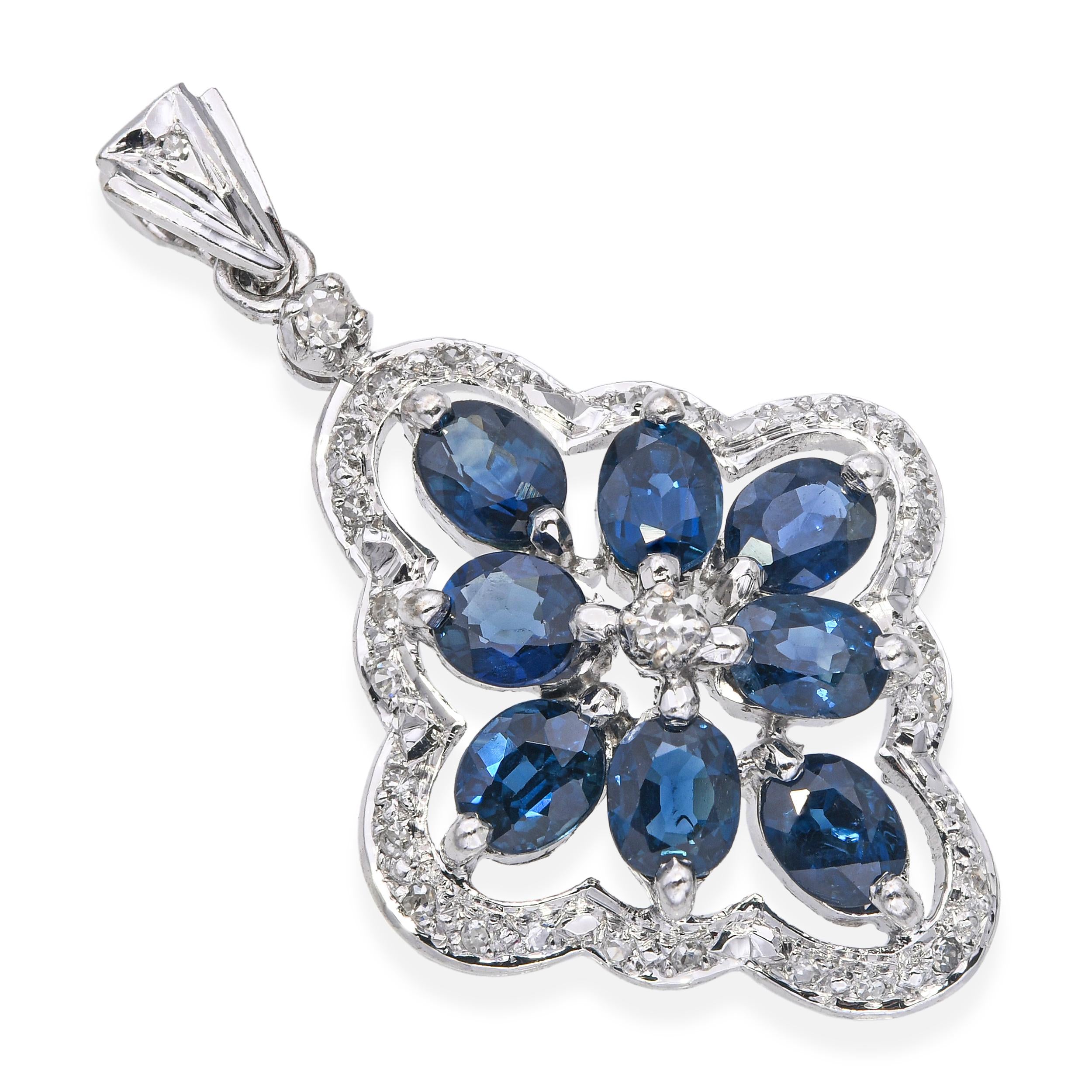 Vintage White Gold 0.25tcw Diamond and 1.63tcw Sapphire Pendant