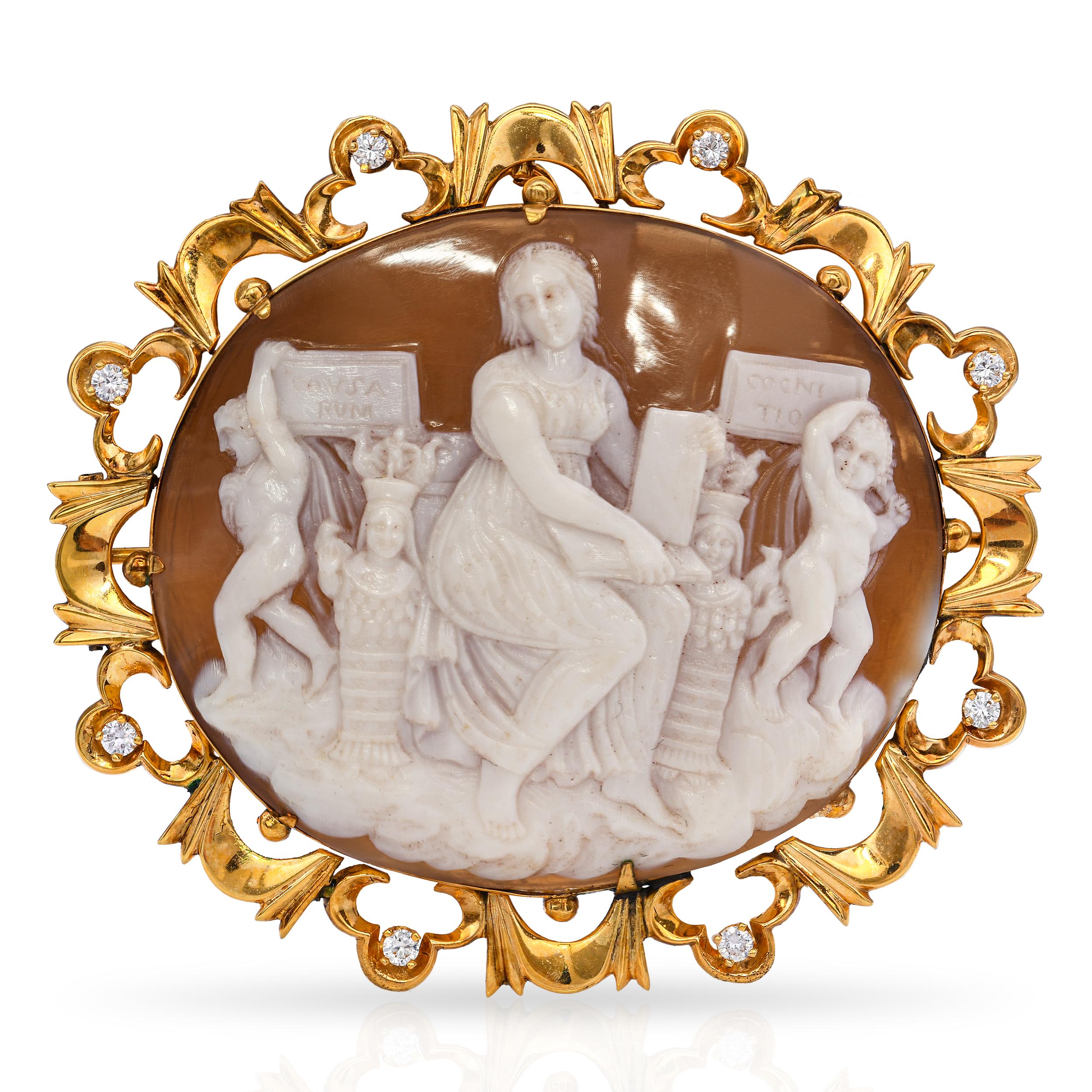 Antique Yellow Gold Shell Cameo & Diamond Raphael's School of Athens Brooch