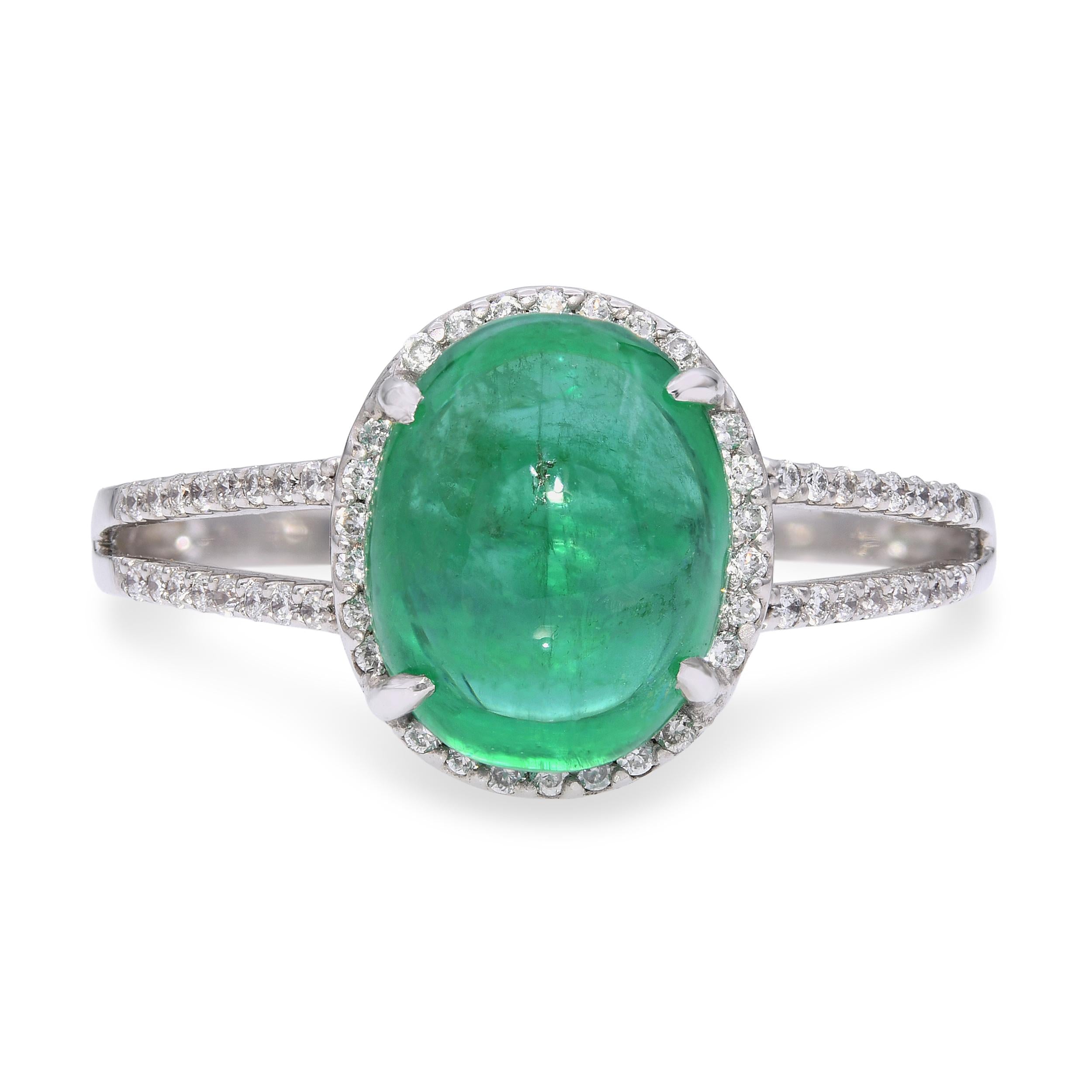 Vintage 14k White Gold 3.75ct Emerald Cabochon and 0.22tcw Diamond Ring