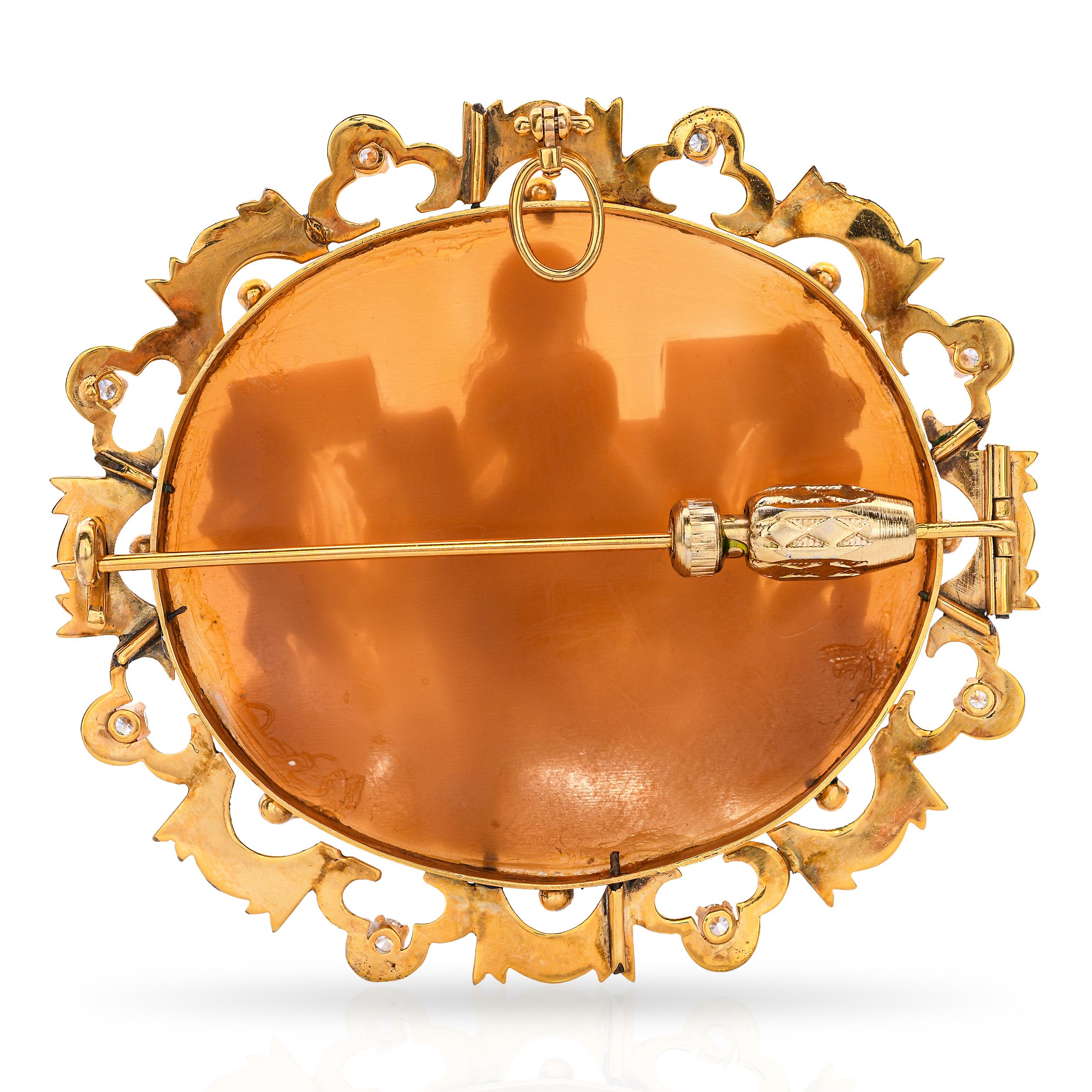 Antique Yellow Gold Shell Cameo & Diamond Raphael's School of Athens Brooch