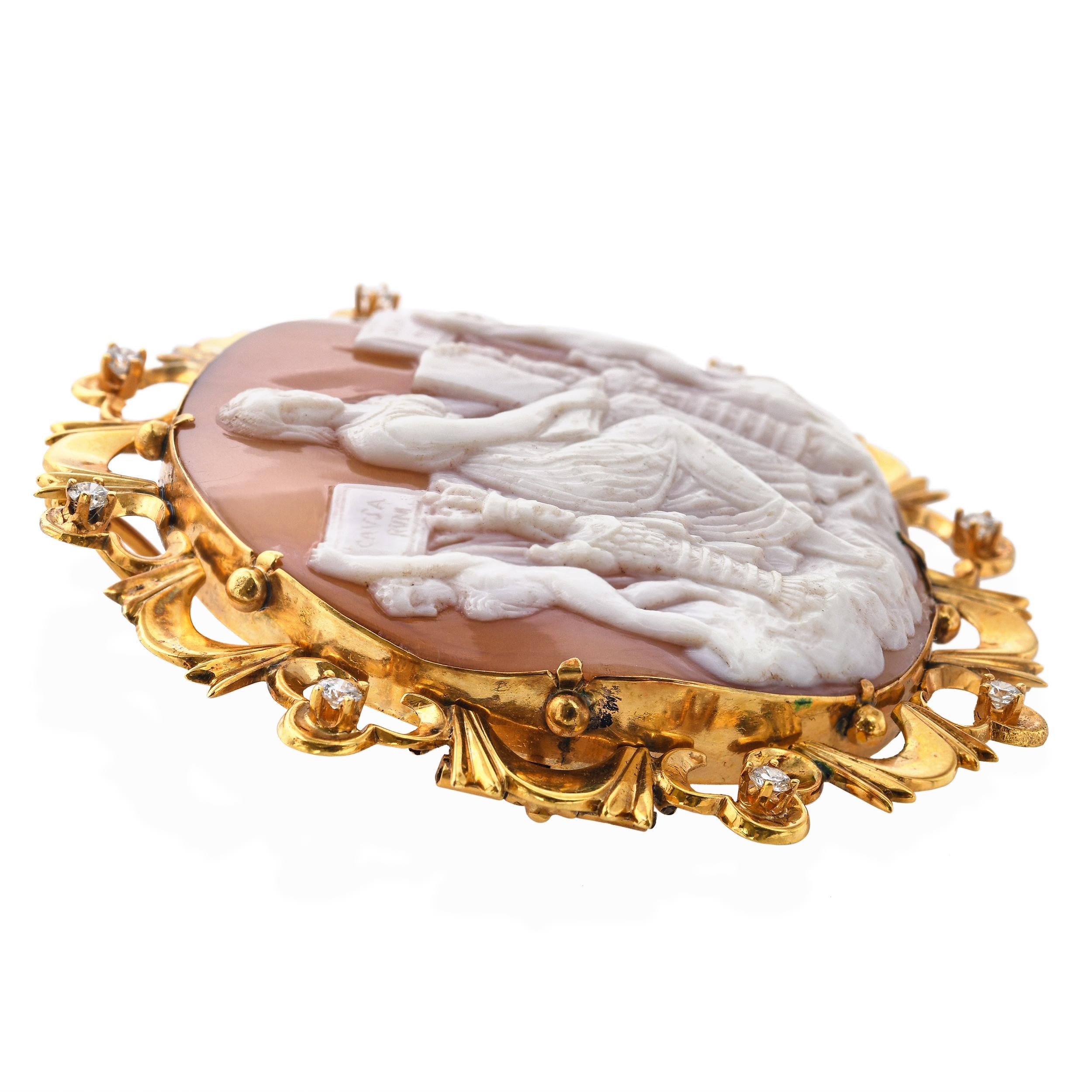 Antique Yellow Gold Shell Cameo & Diamond Raphael's School of Athens Brooch