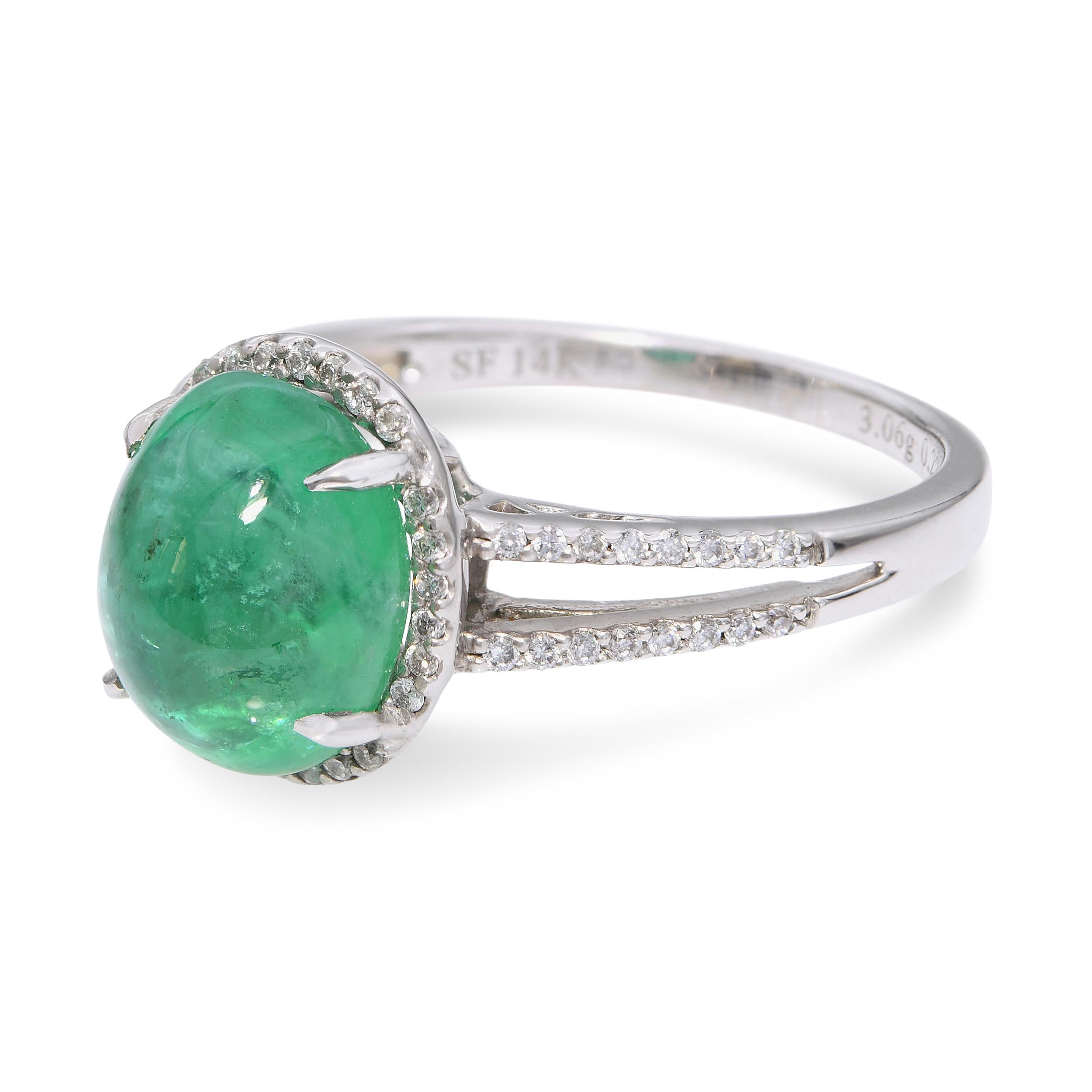 Vintage 14k White Gold 3.75ct Emerald Cabochon and 0.22tcw Diamond Ring