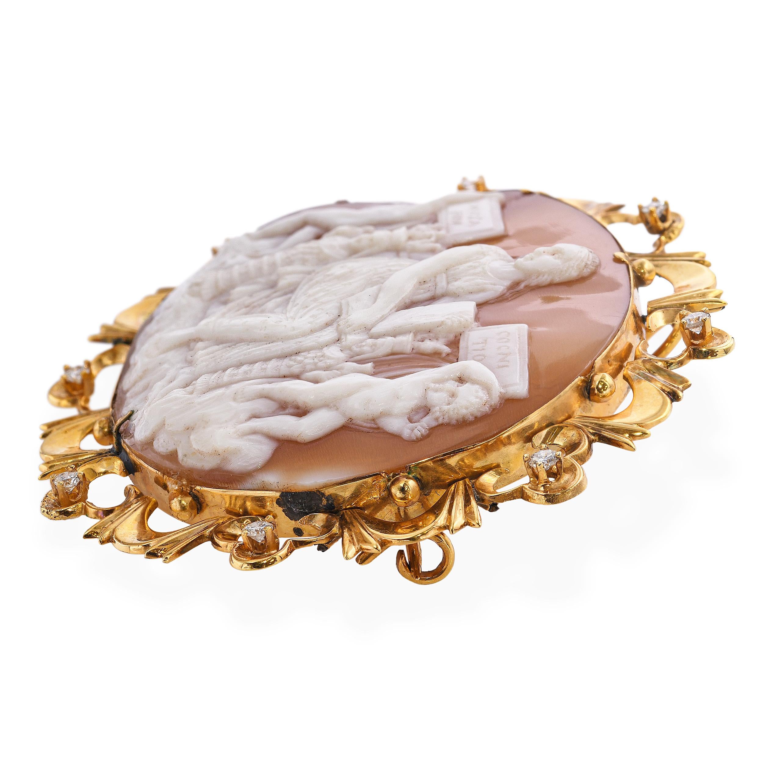 Antique Yellow Gold Shell Cameo & Diamond Raphael's School of Athens Brooch