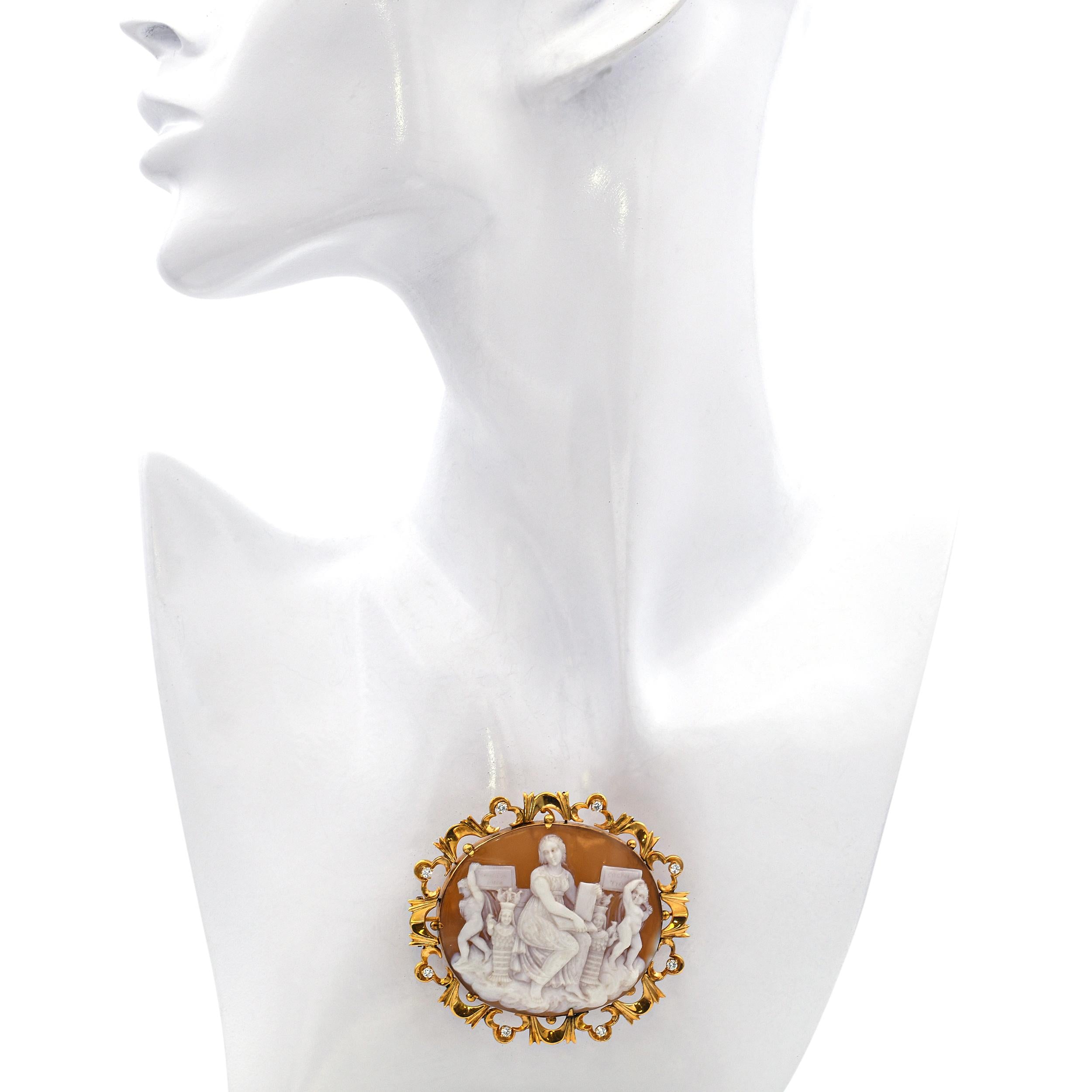 Antique Yellow Gold Shell Cameo & Diamond Raphael's School of Athens Brooch