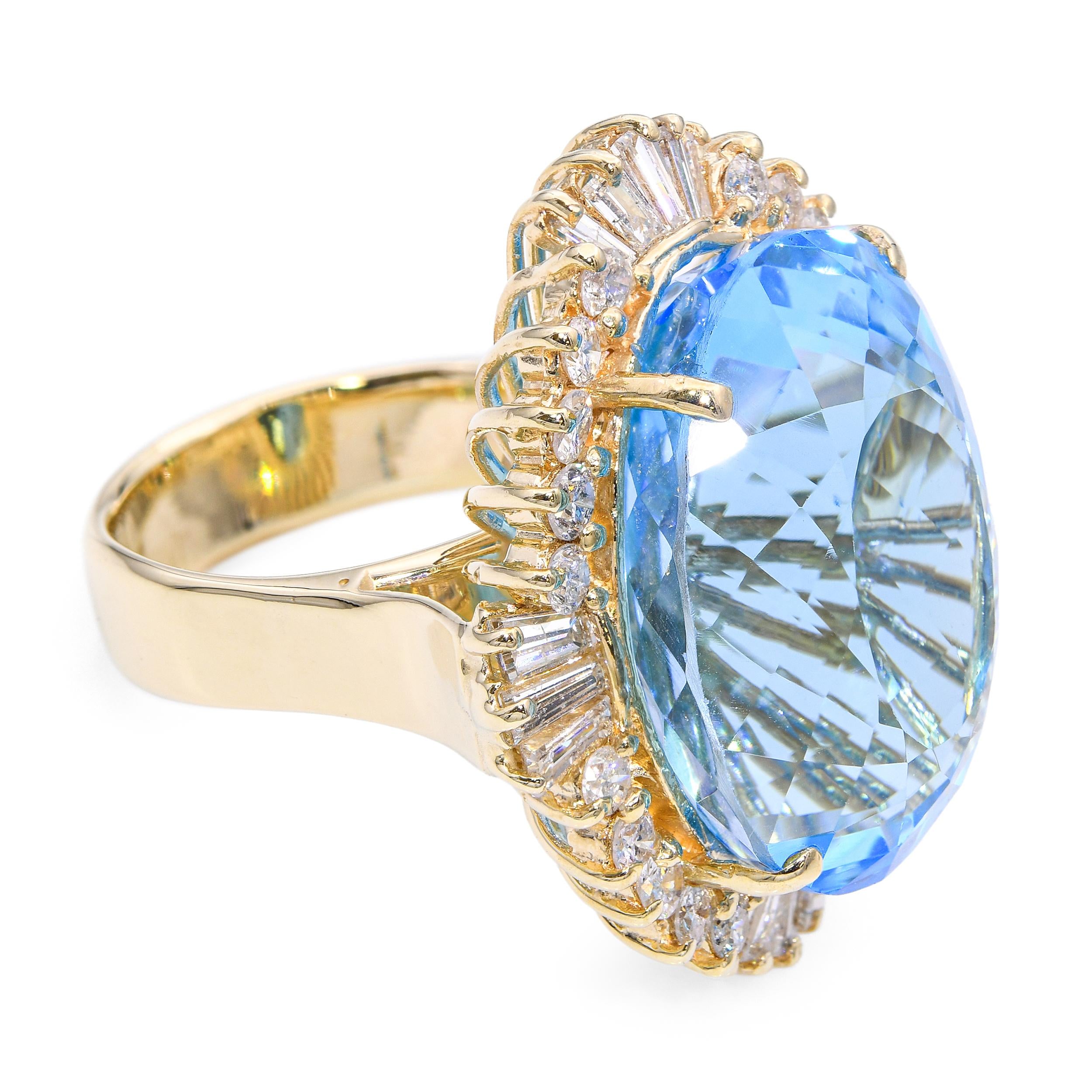 Vintage 14k Yellow Gold 47.41ct Electric Blue Topaz and Diamond Ring