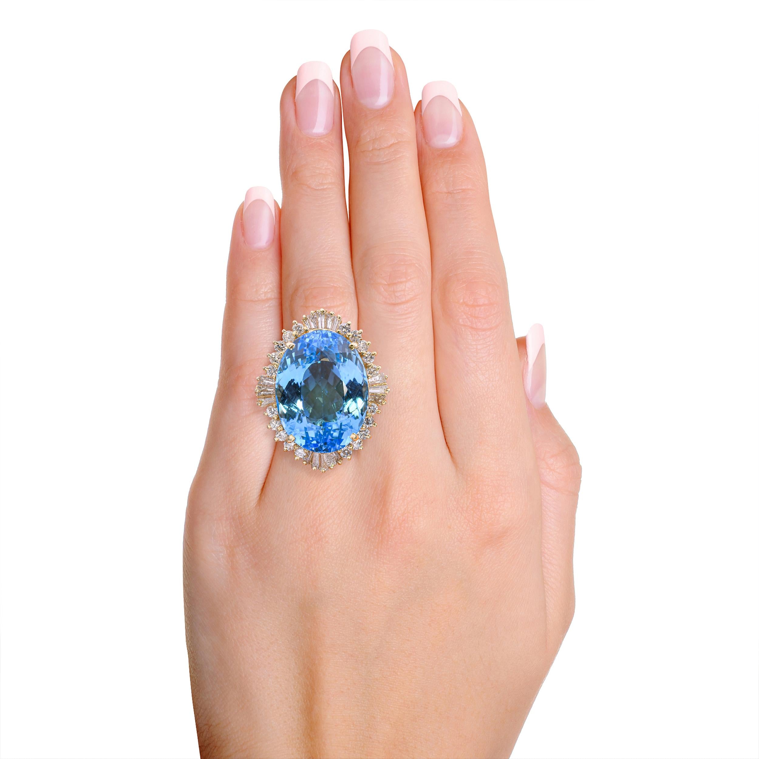 Vintage 14k Yellow Gold 47.41ct Electric Blue Topaz and Diamond Ring