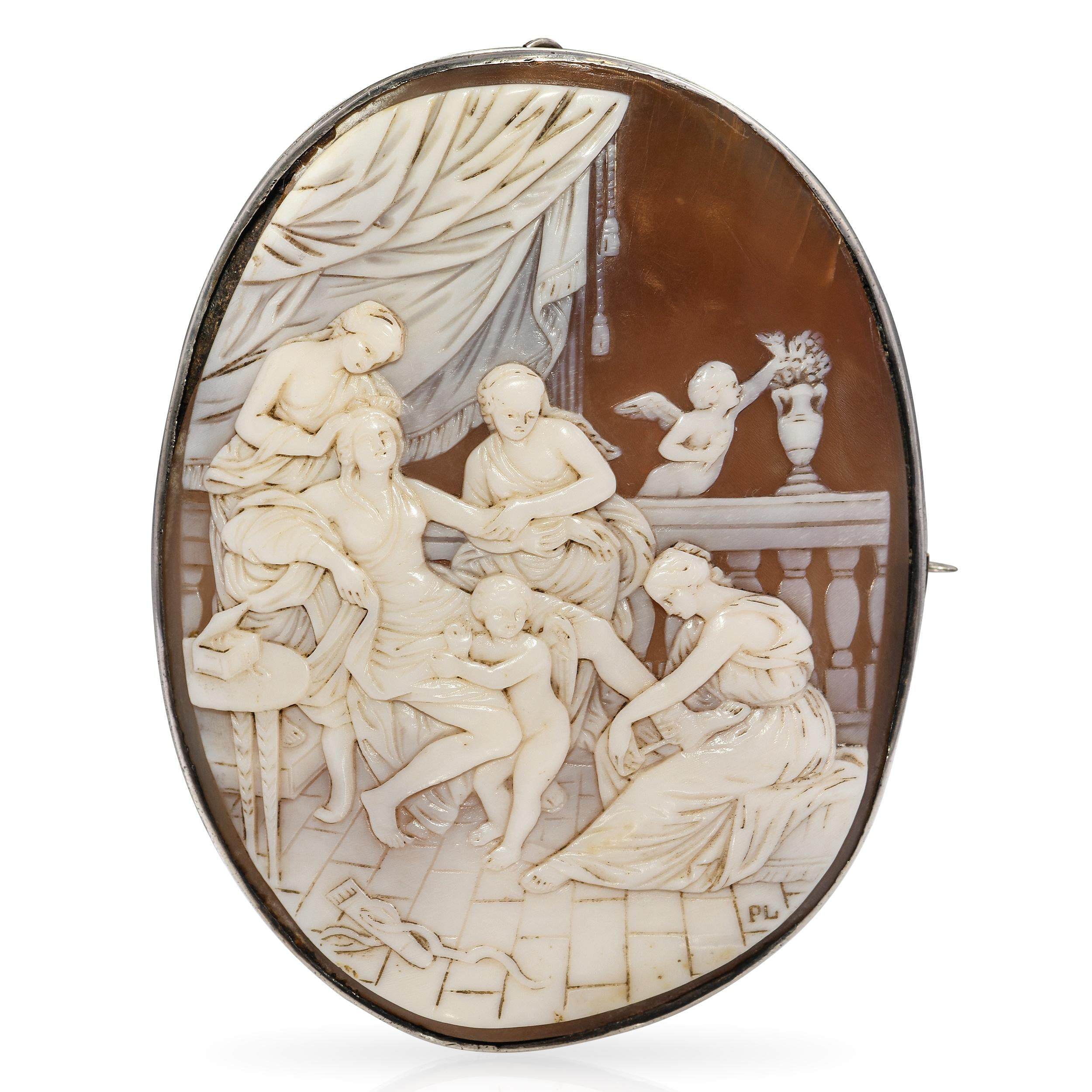Antique Silver Venus Being Pampered to be Beautiful Shell Cameo Brooch