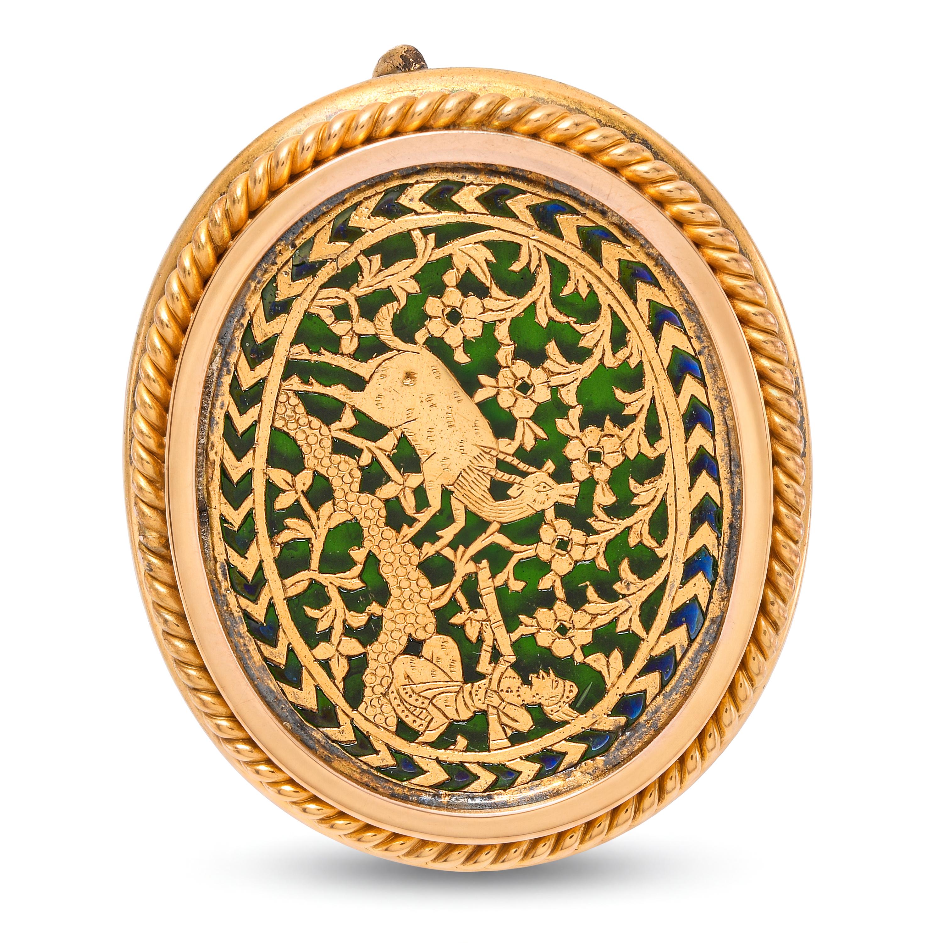 Antique 19k Yellow Gold Green Glass Indian Thewa Hunting Scene Brooch