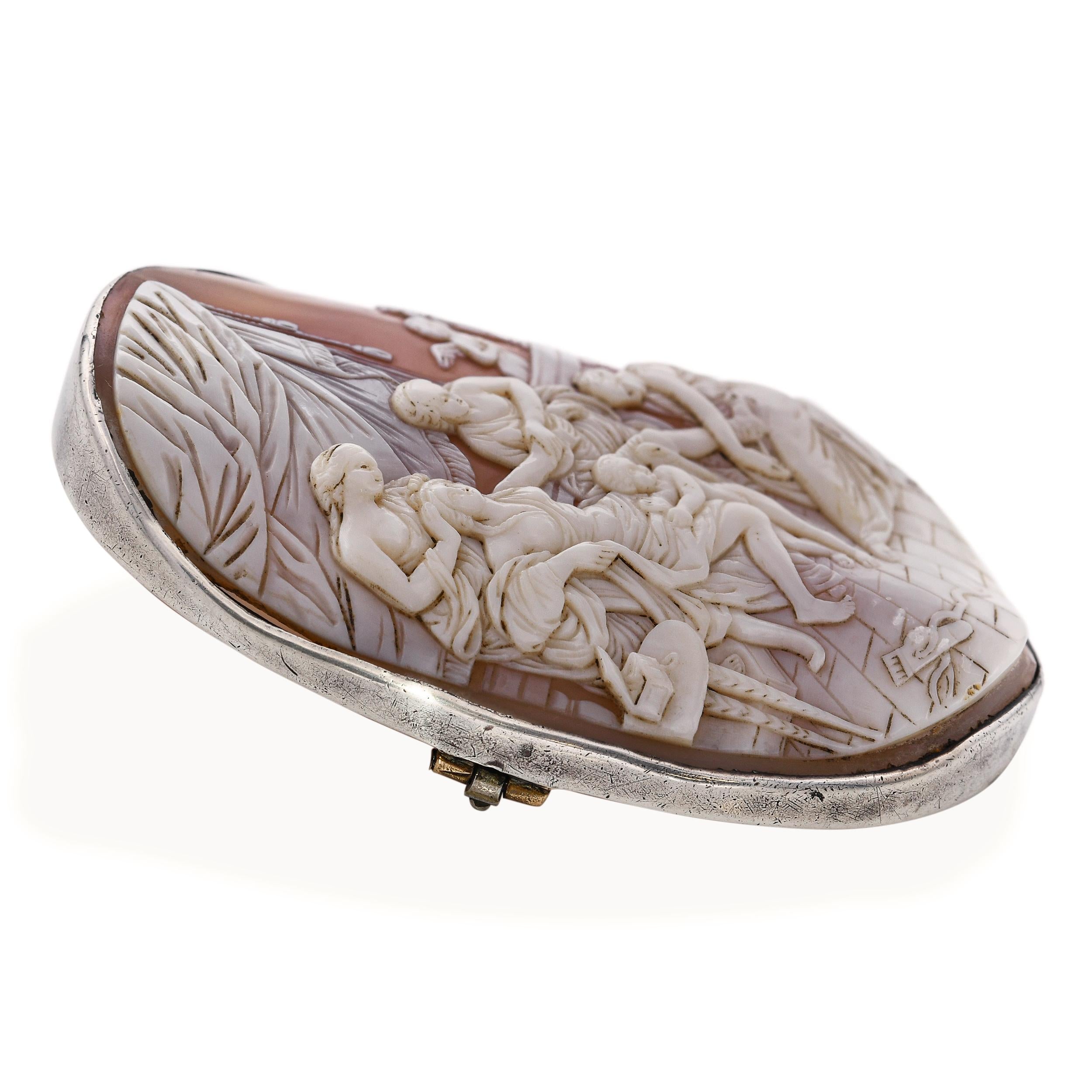 Antique Silver Venus Being Pampered to be Beautiful Shell Cameo Brooch