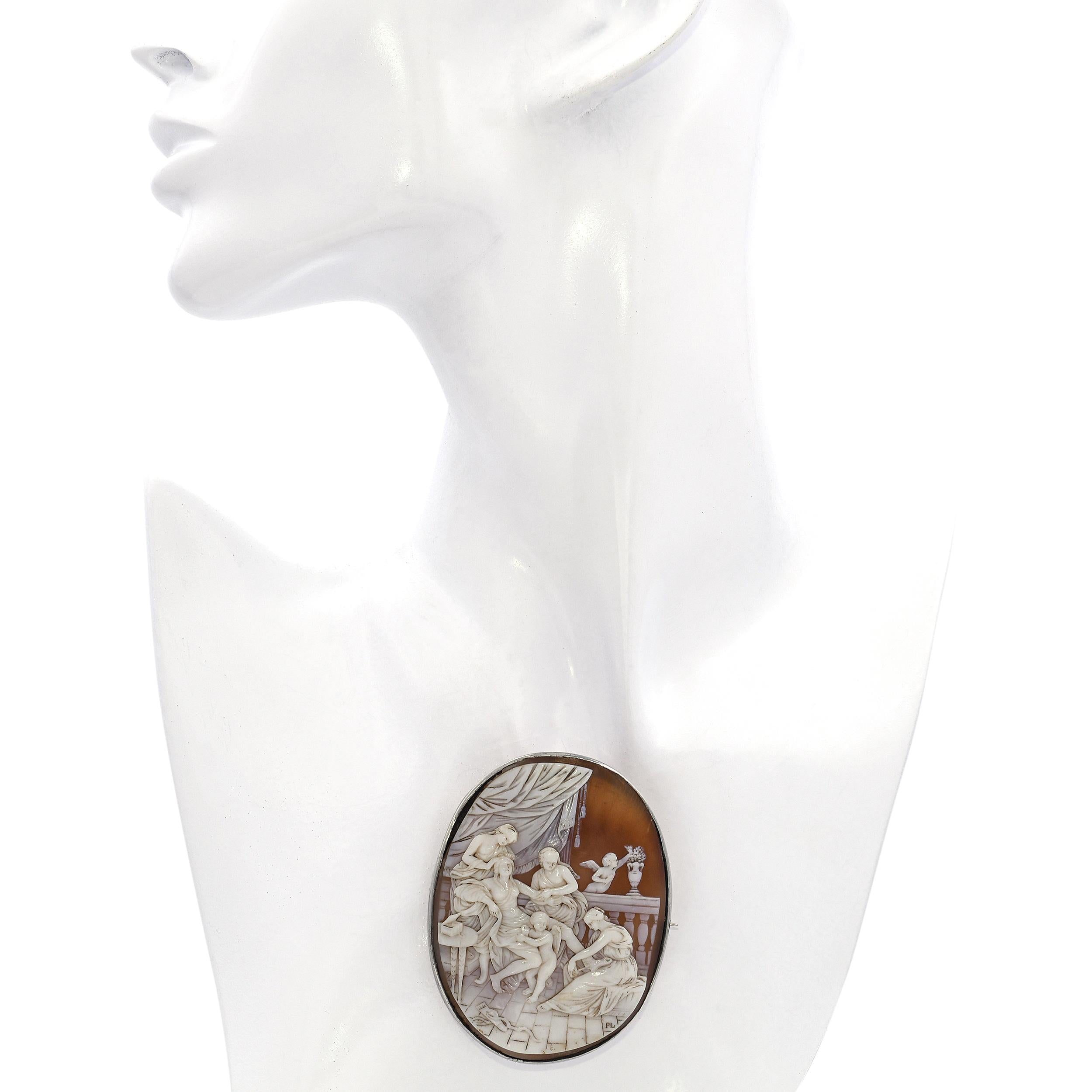 Antique Silver Venus Being Pampered to be Beautiful Shell Cameo Brooch