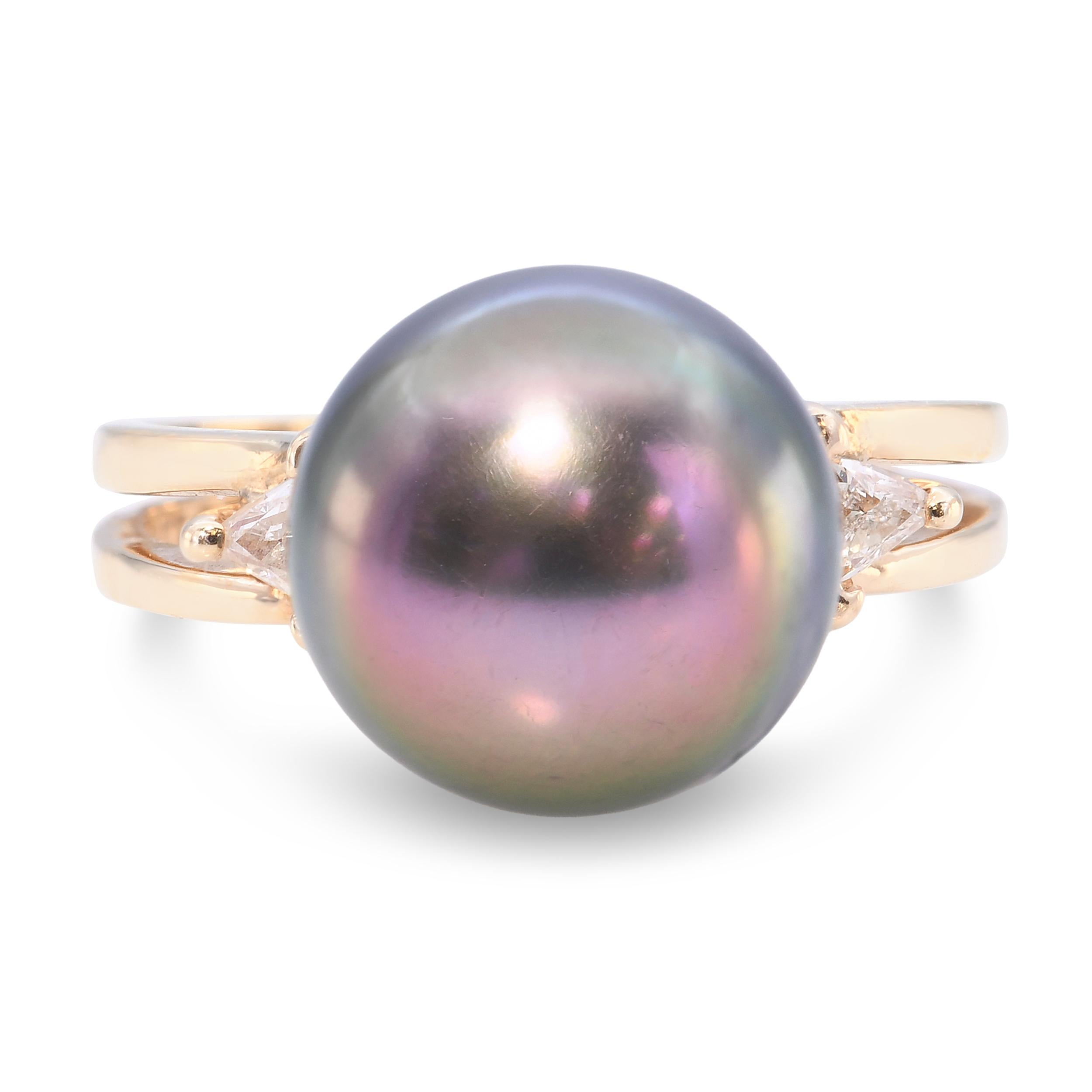14k Yellow Gold 11.52mm Tahitian Pearl and Diamond Ring