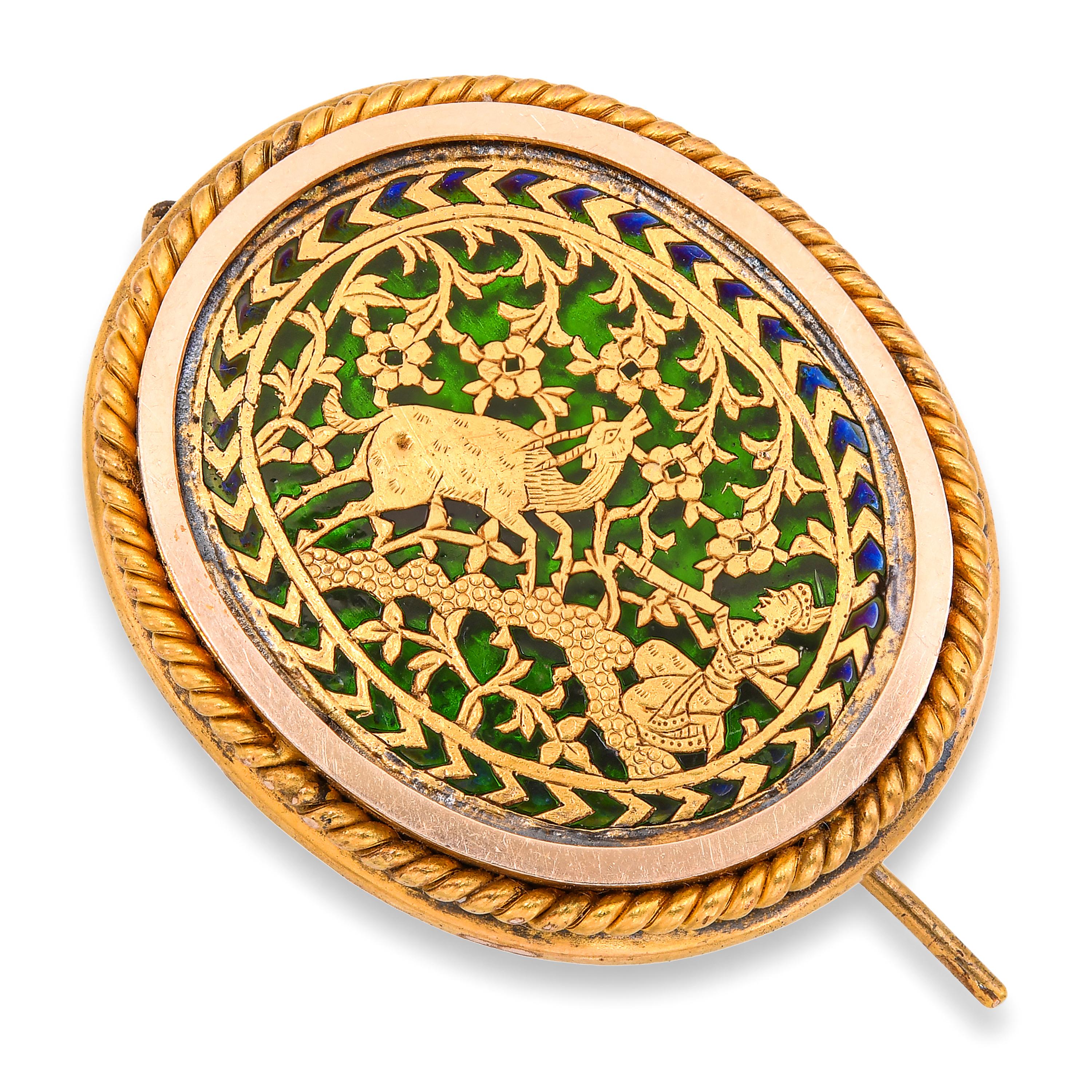 Antique 19k Yellow Gold Green Glass Indian Thewa Hunting Scene Brooch