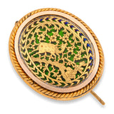 Antique 19k Yellow Gold Green Glass Indian Thewa Hunting Scene Brooch