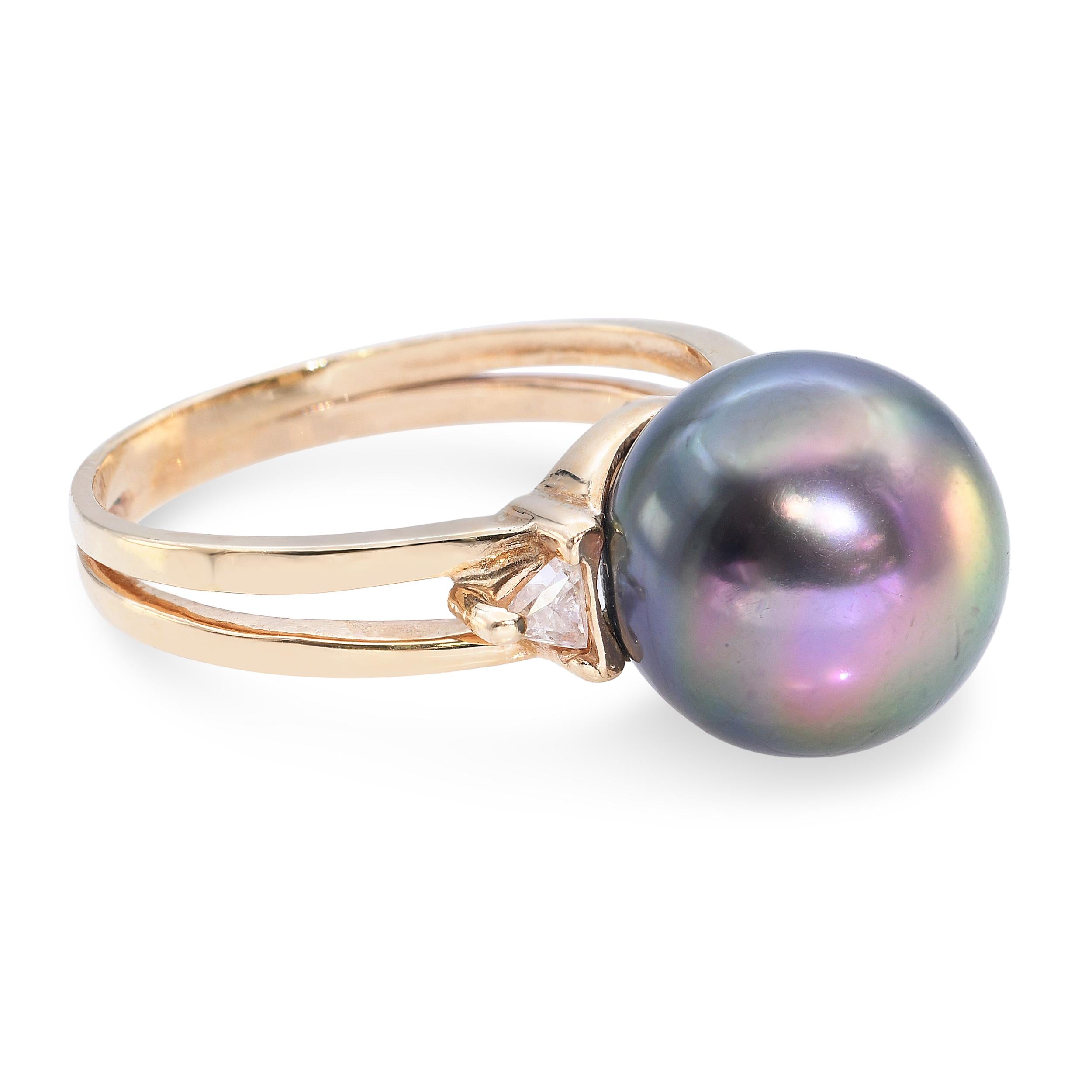 14k Yellow Gold 11.52mm Tahitian Pearl and Diamond Ring