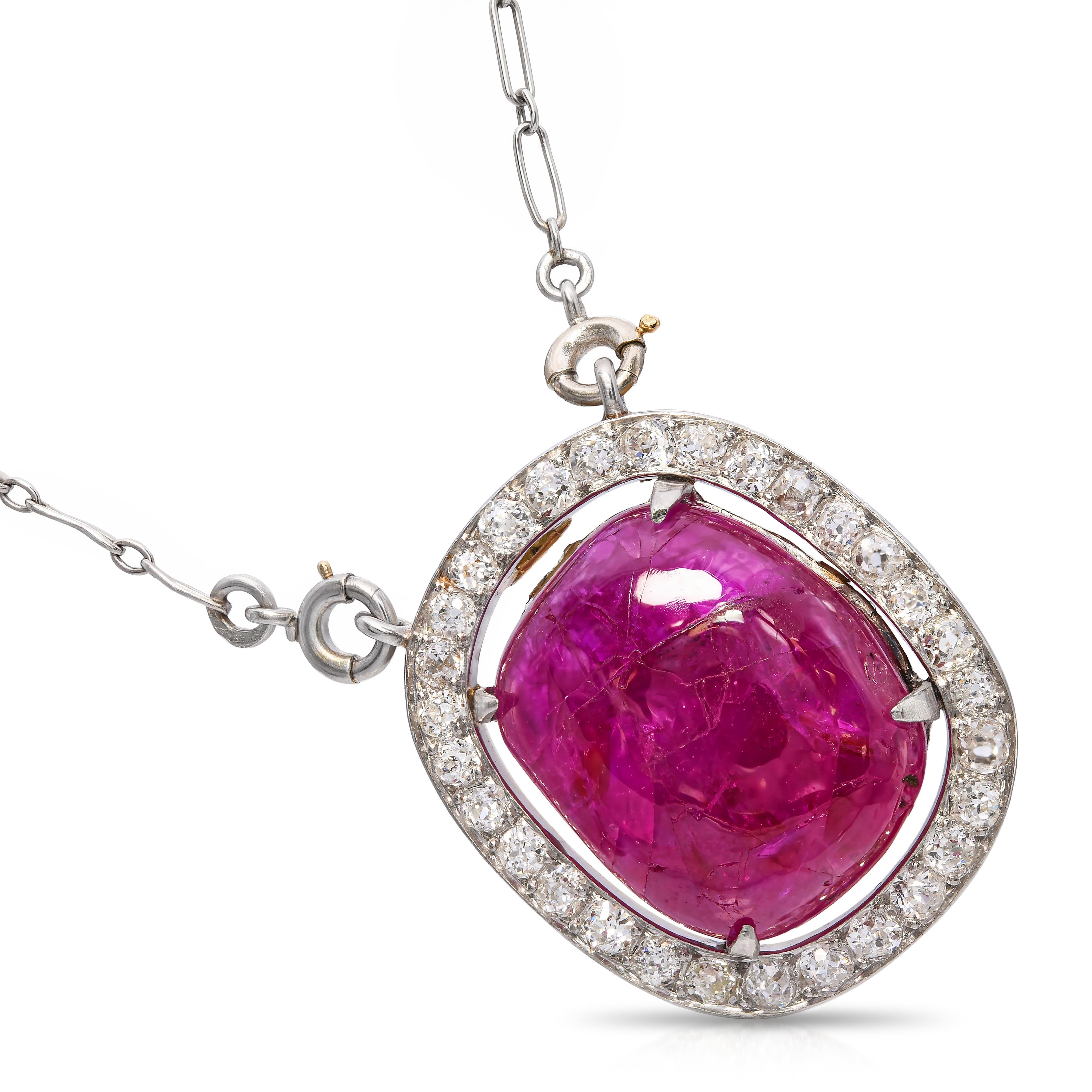 Antique French 14k Yellow Gold and Platinum Star Ruby Diamond Pendant Necklace