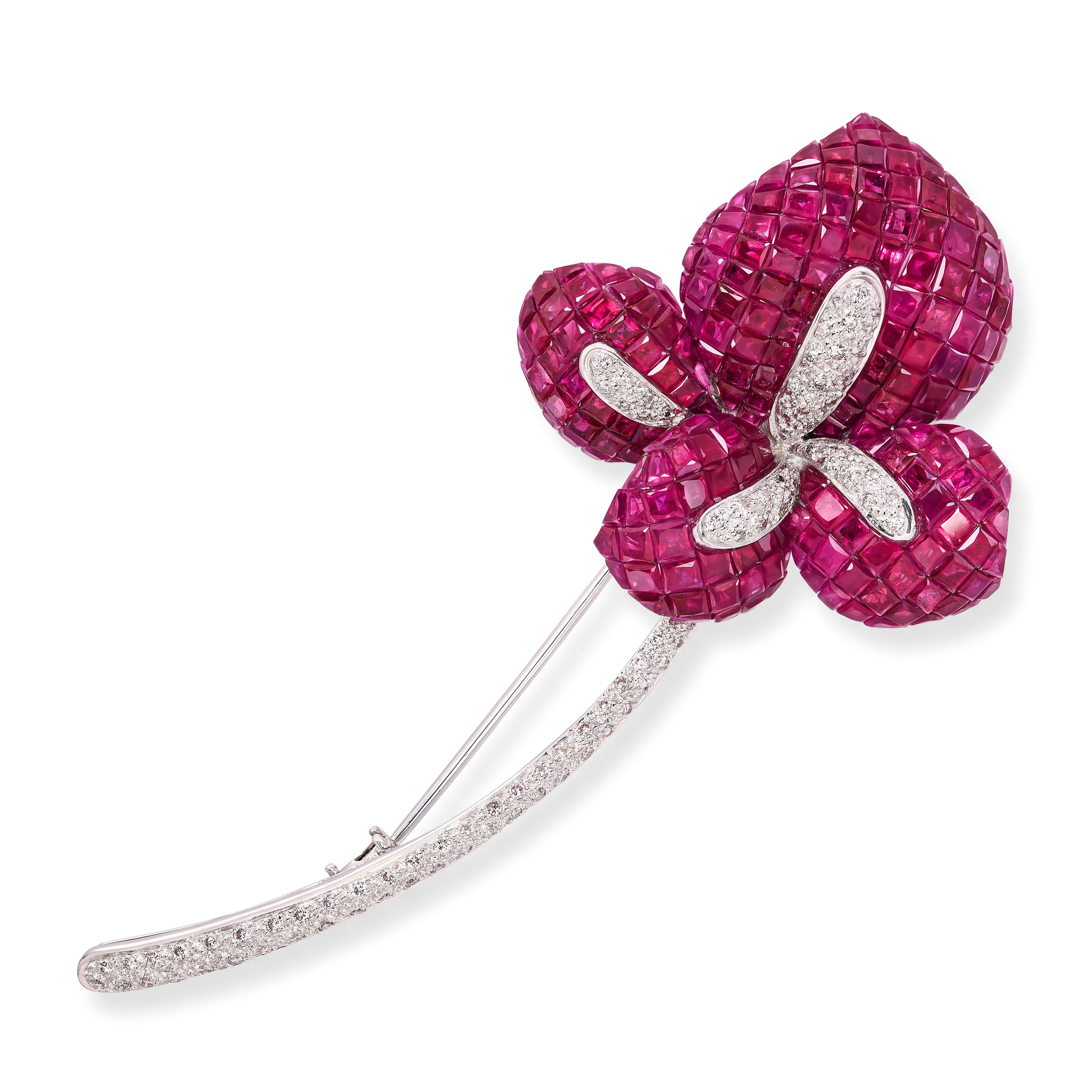 Vintage 18k White Gold Invisible Set Ruby and Diamond Flower Brooch