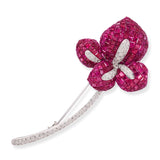 Vintage 18k White Gold Invisible Set Ruby and Diamond Flower Brooch