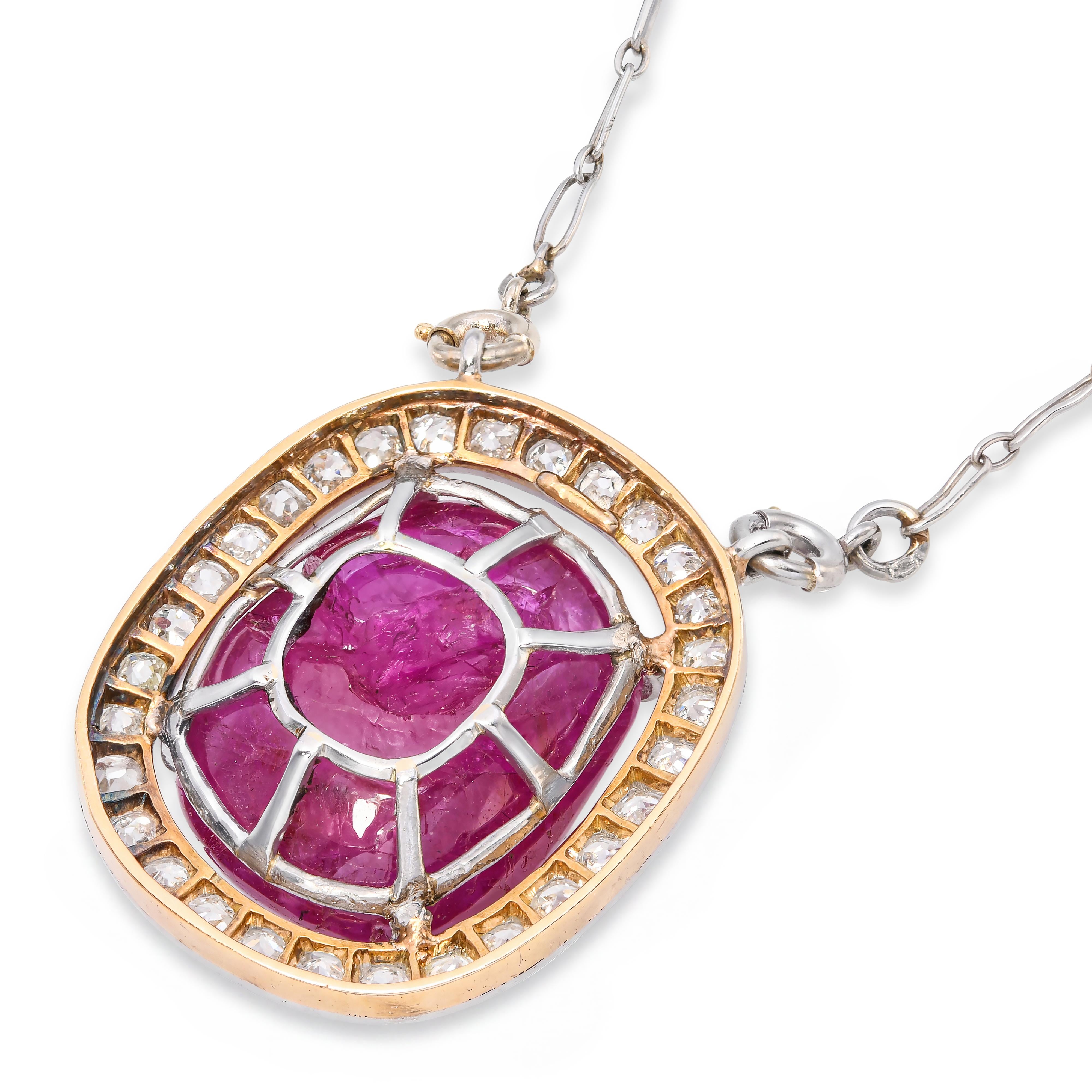 Antique French 14k Yellow Gold and Platinum Star Ruby Diamond Pendant Necklace