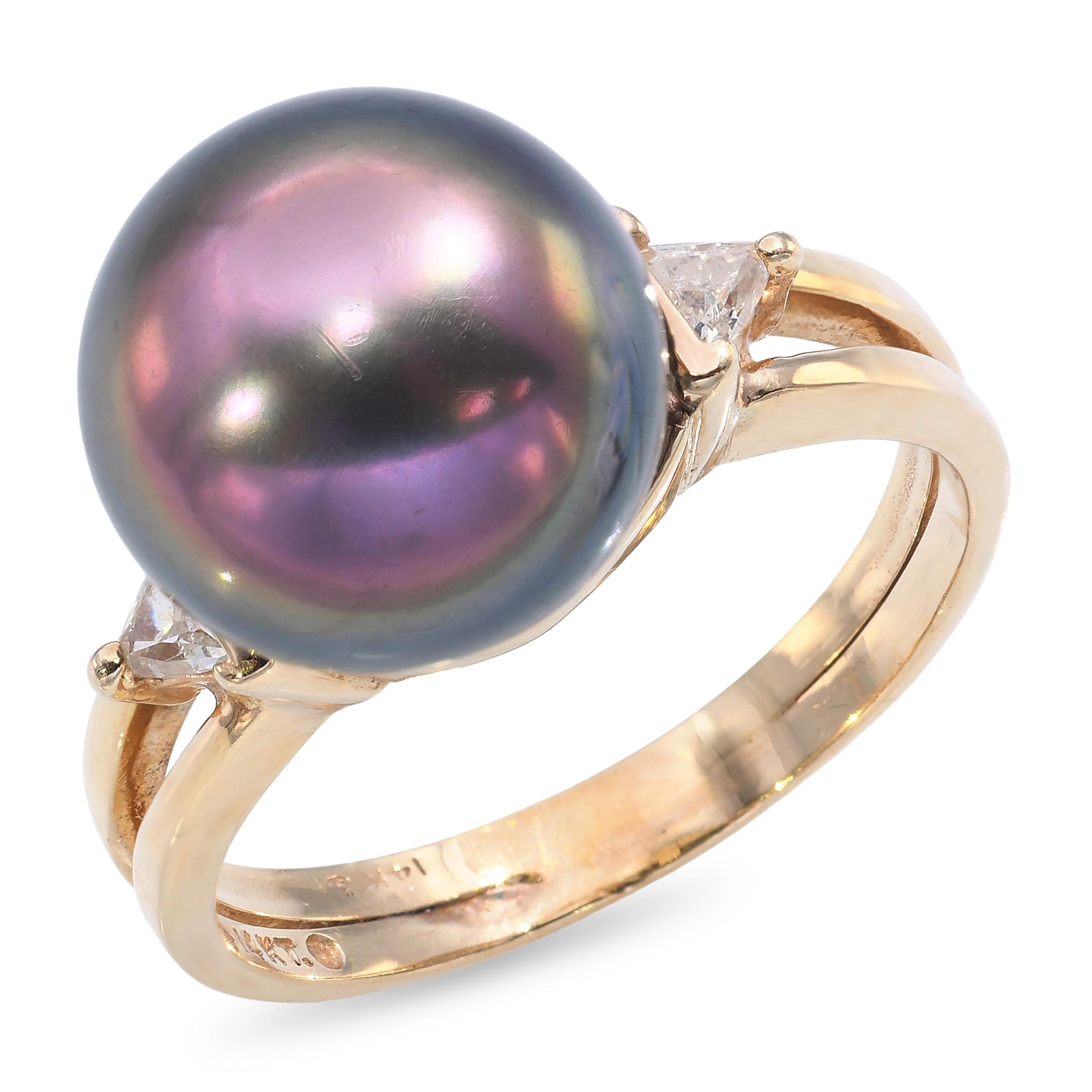 14k Yellow Gold 11.52mm Tahitian Pearl and Diamond Ring