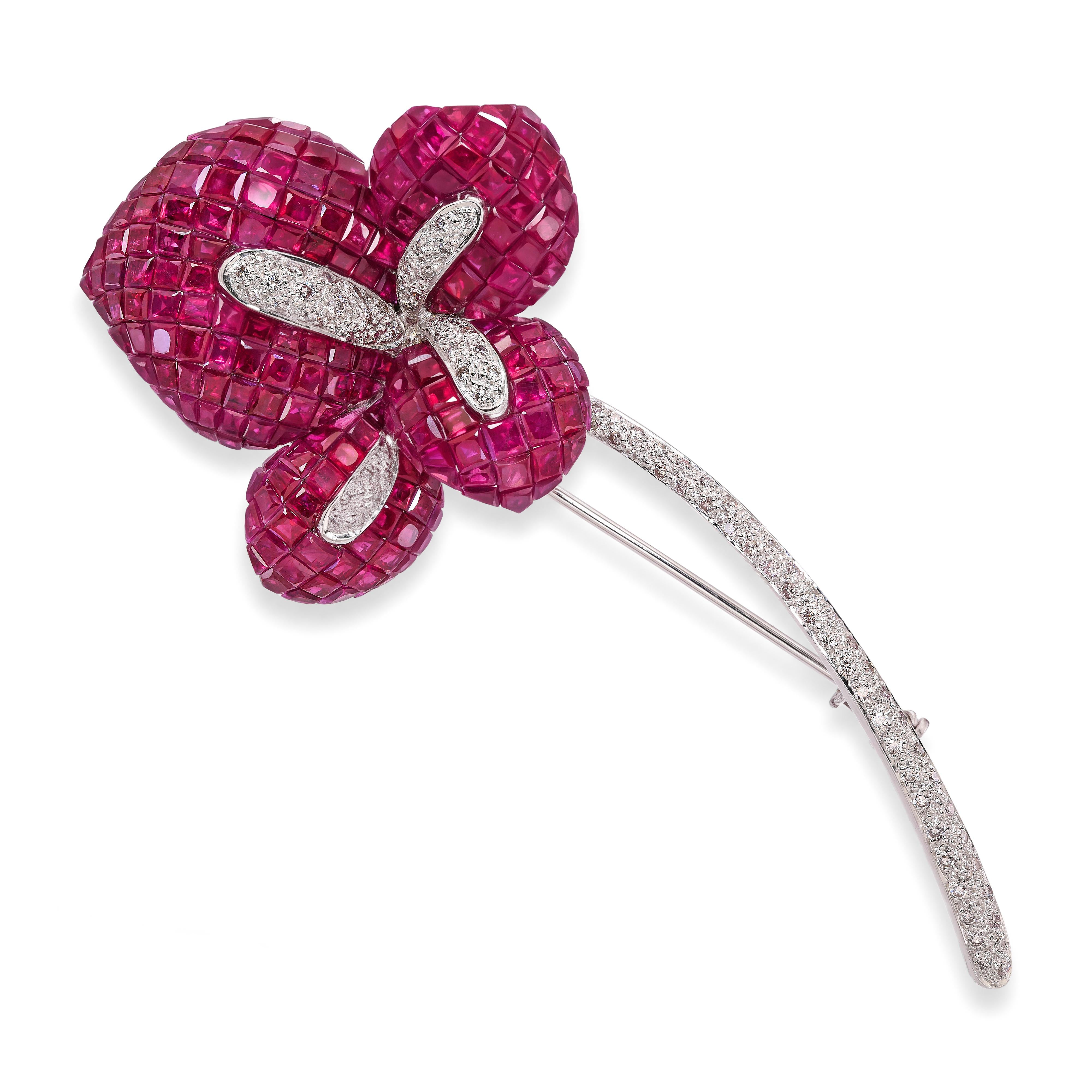 Vintage 18k White Gold Invisible Set Ruby and Diamond Flower Brooch