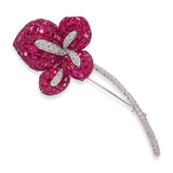 Vintage 18k White Gold Invisible Set Ruby and Diamond Flower Brooch