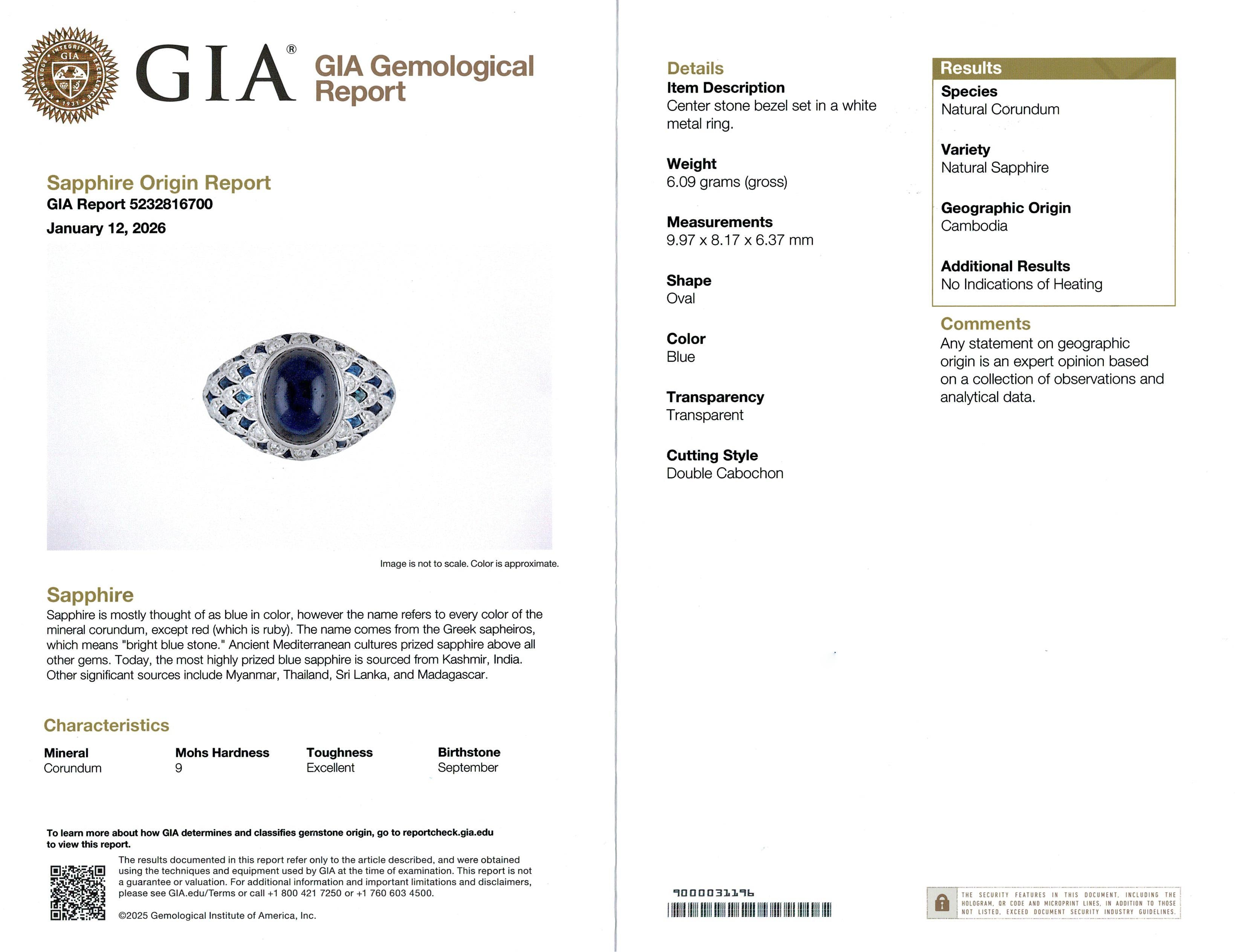 Vintage Platinum GIA 5.28ct Cambodian No Heat Sapphire and Diamond Ring
