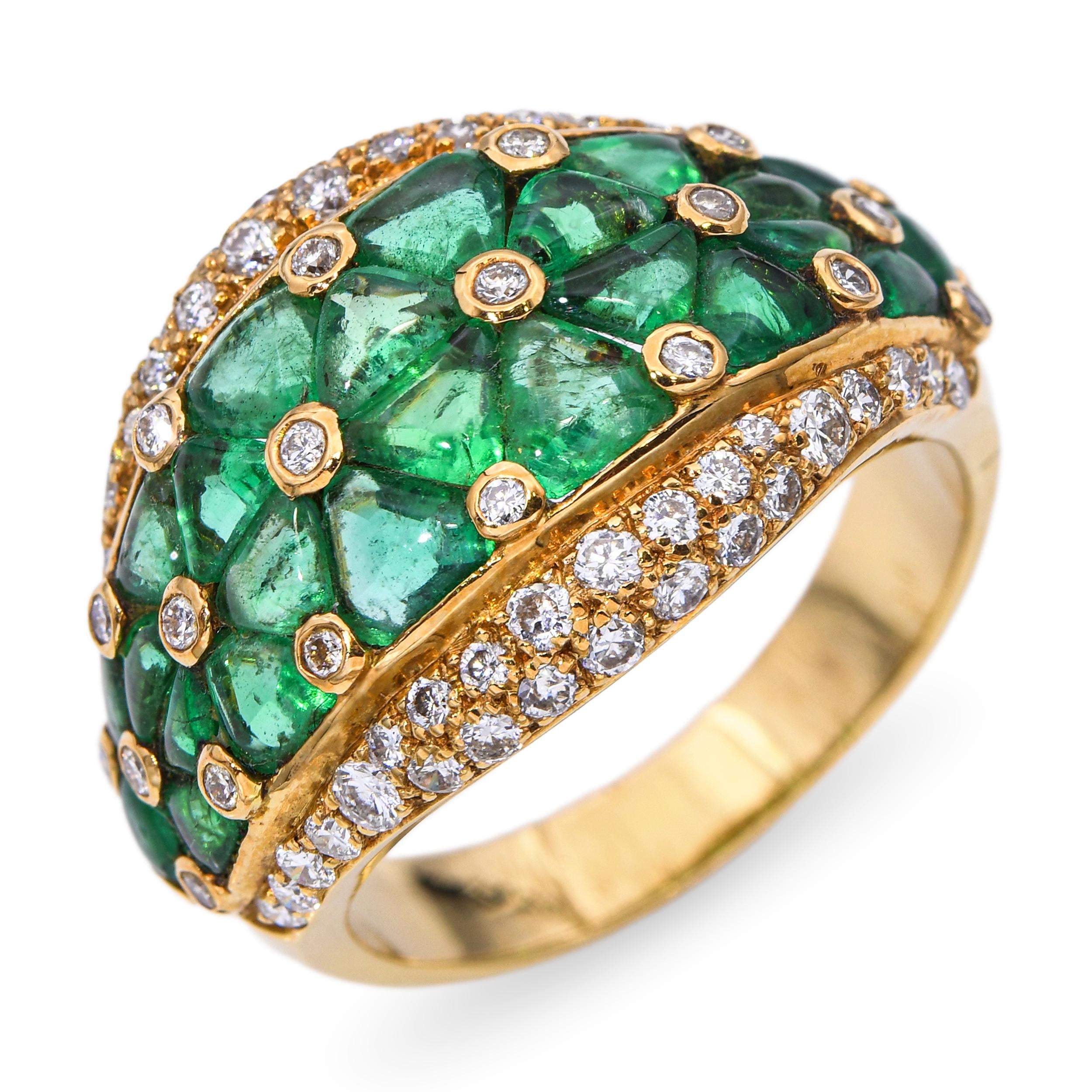Vintage French 18k Yellow Gold Carved Emerald and Diamond Ring
