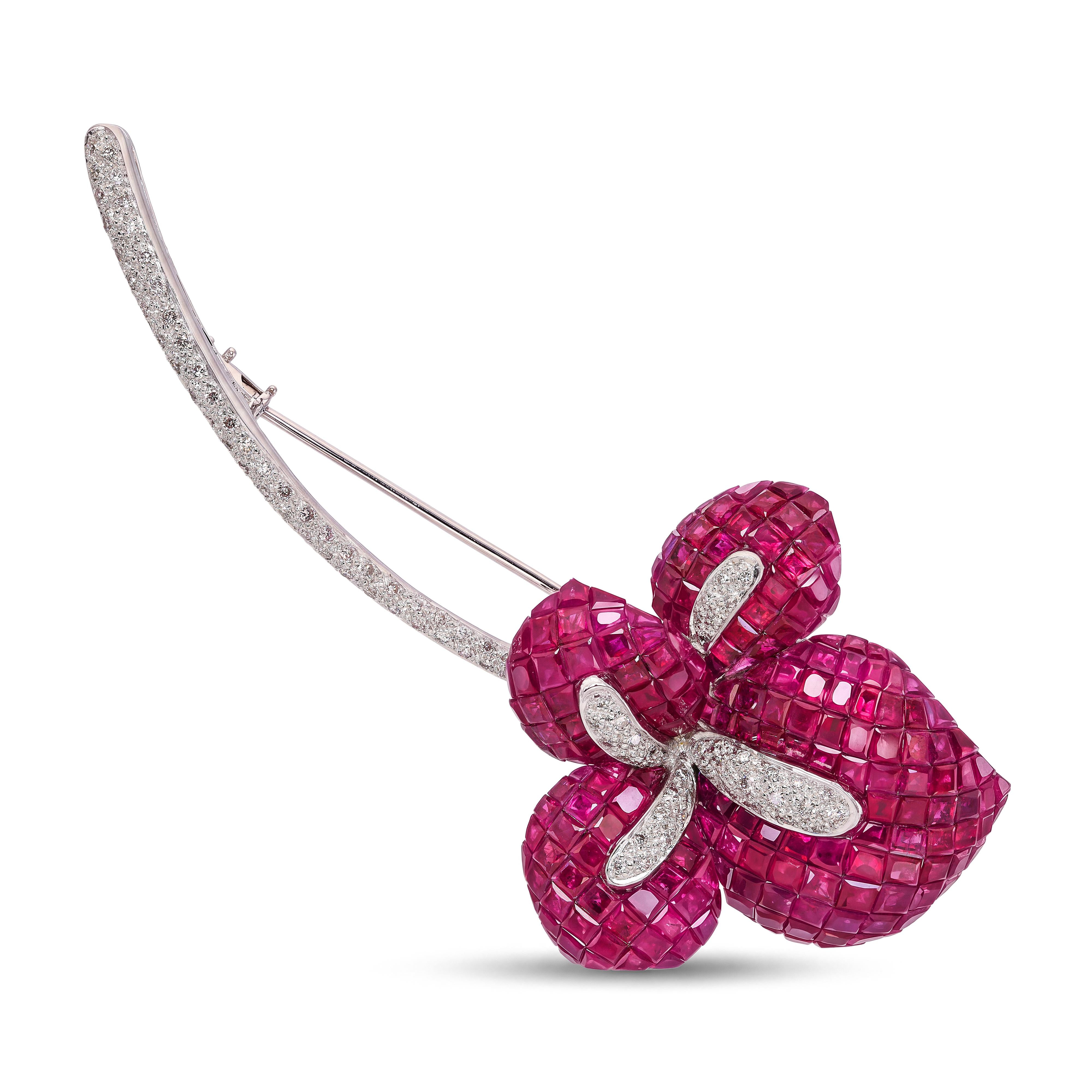 Vintage 18k White Gold Invisible Set Ruby and Diamond Flower Brooch
