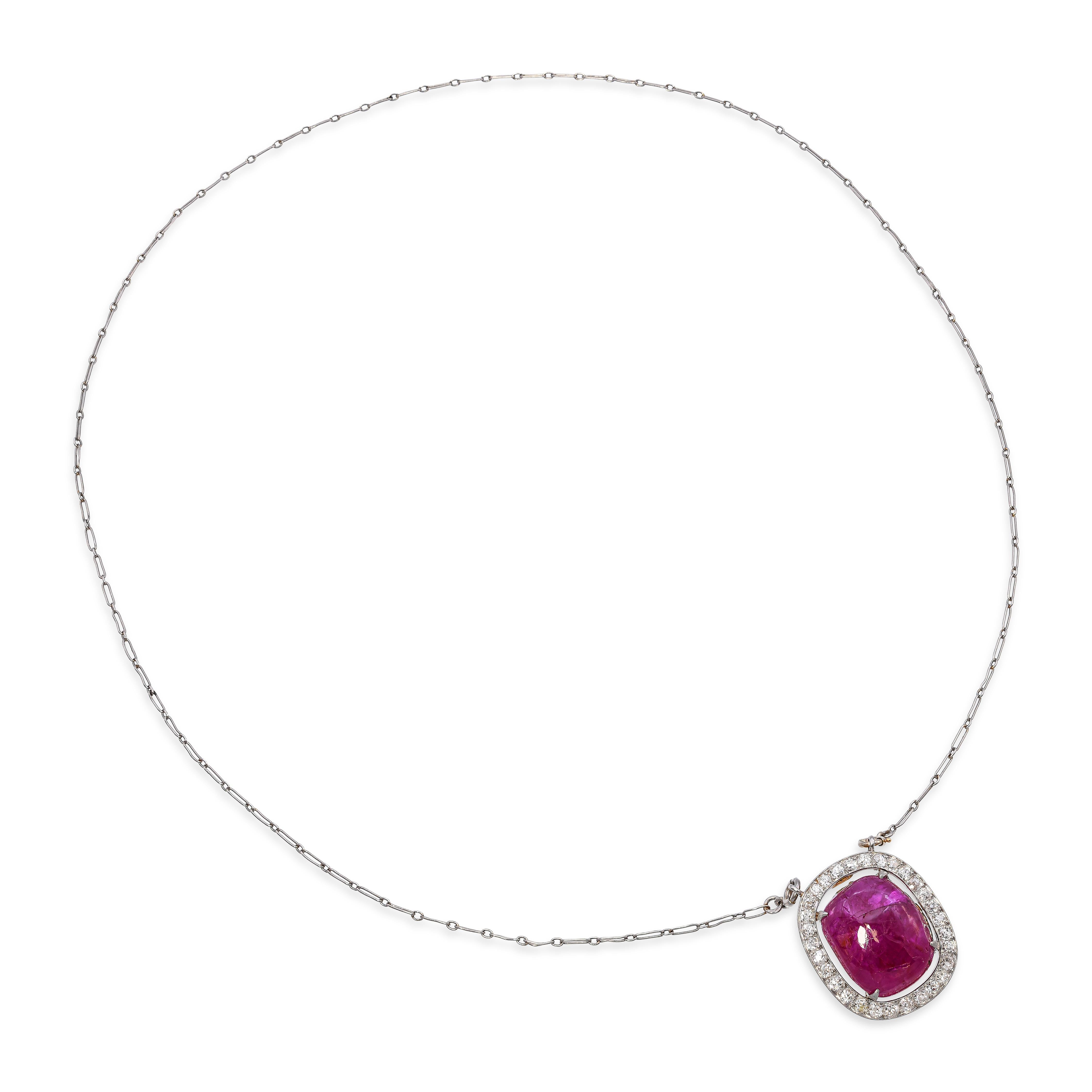 Antique French 14k Yellow Gold and Platinum Star Ruby Diamond Pendant Necklace