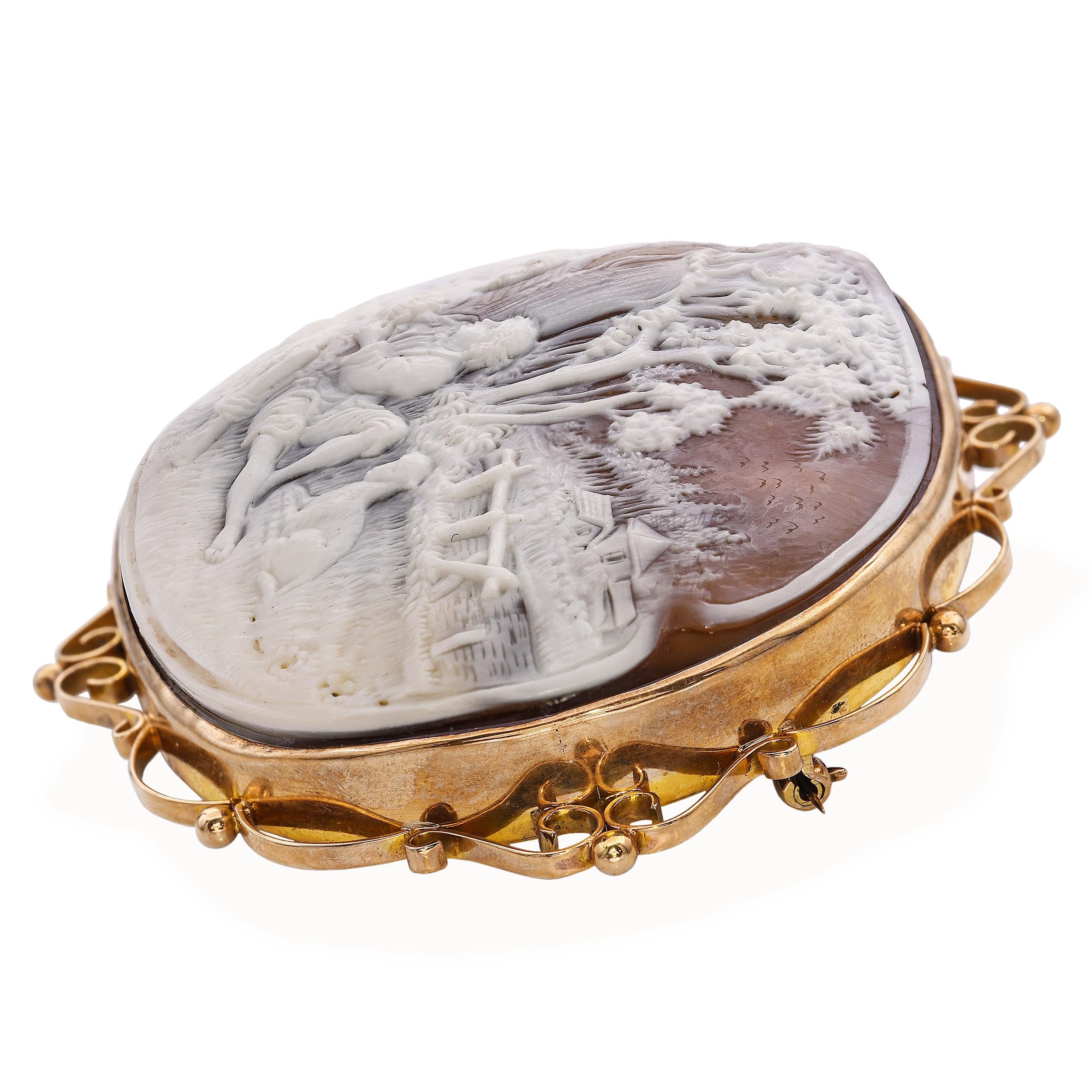 Vintage 1969 G Noto 9k Yellow Gold Shell Cameo Lovers Scene Brooch