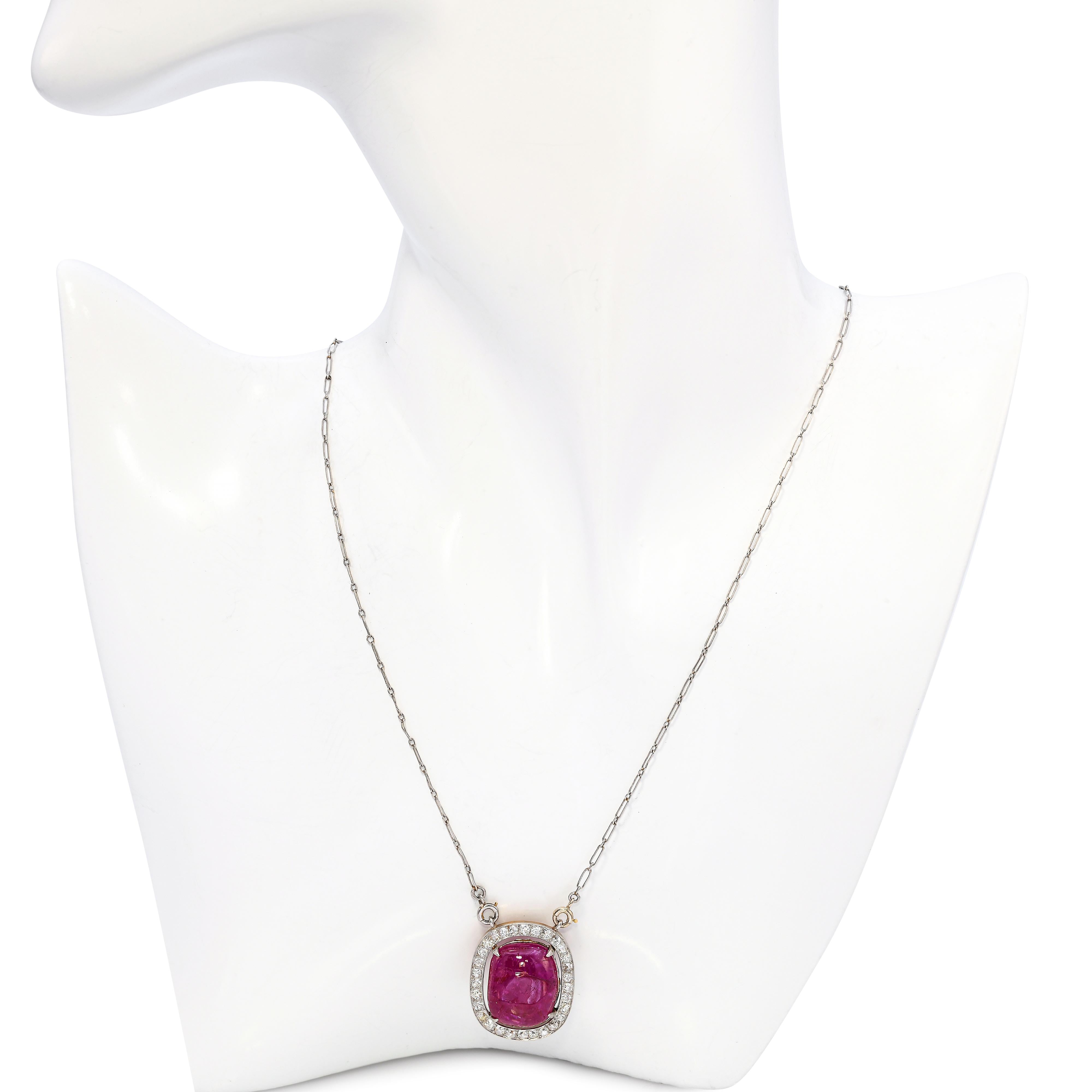 Antique French 14k Yellow Gold and Platinum Star Ruby Diamond Pendant Necklace