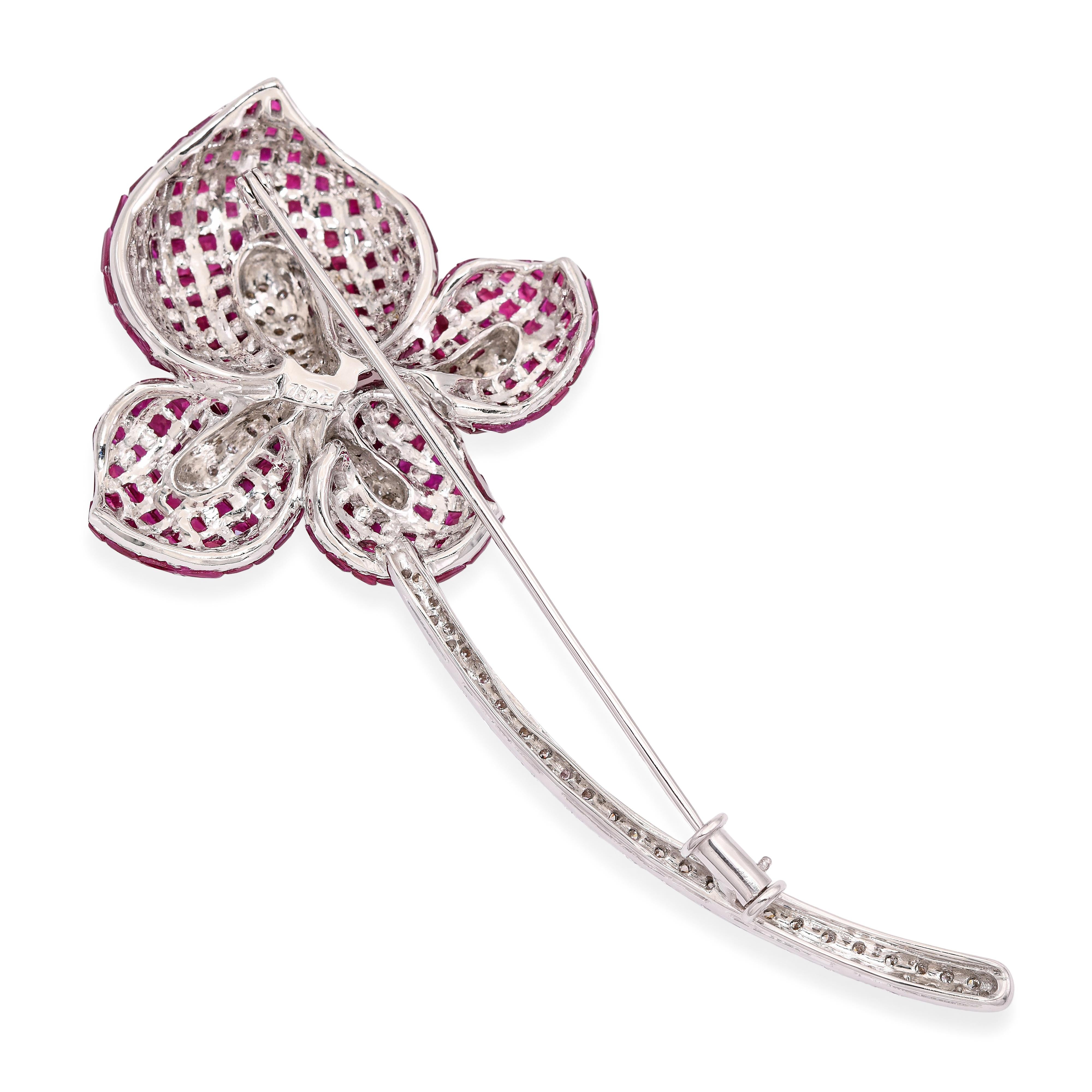 Vintage 18k White Gold Invisible Set Ruby and Diamond Flower Brooch