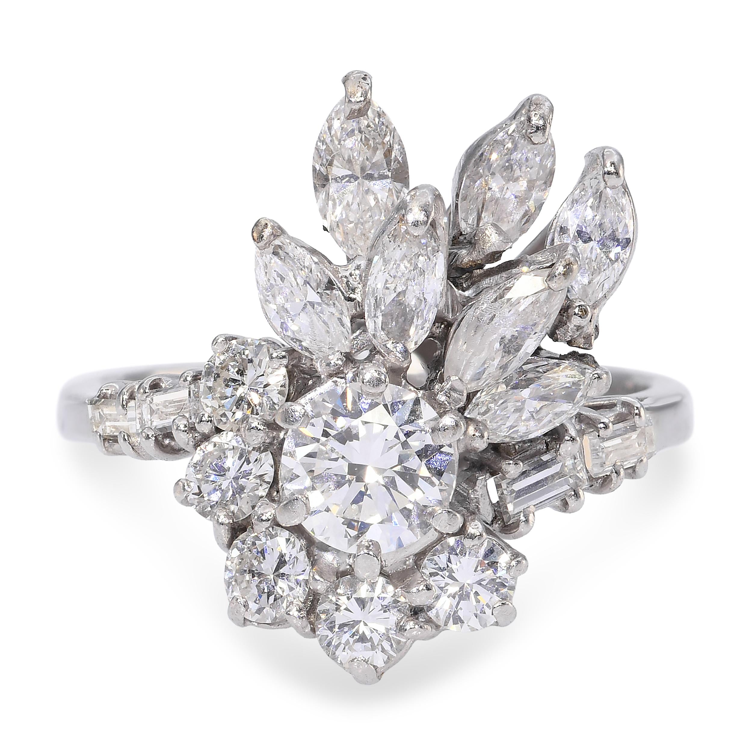 Vintage 18k White Gold 1.56tcw H Si1 Diamond Floral Cluster Ring