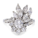 Vintage 18k White Gold 1.56tcw H Si1 Diamond Floral Cluster Ring