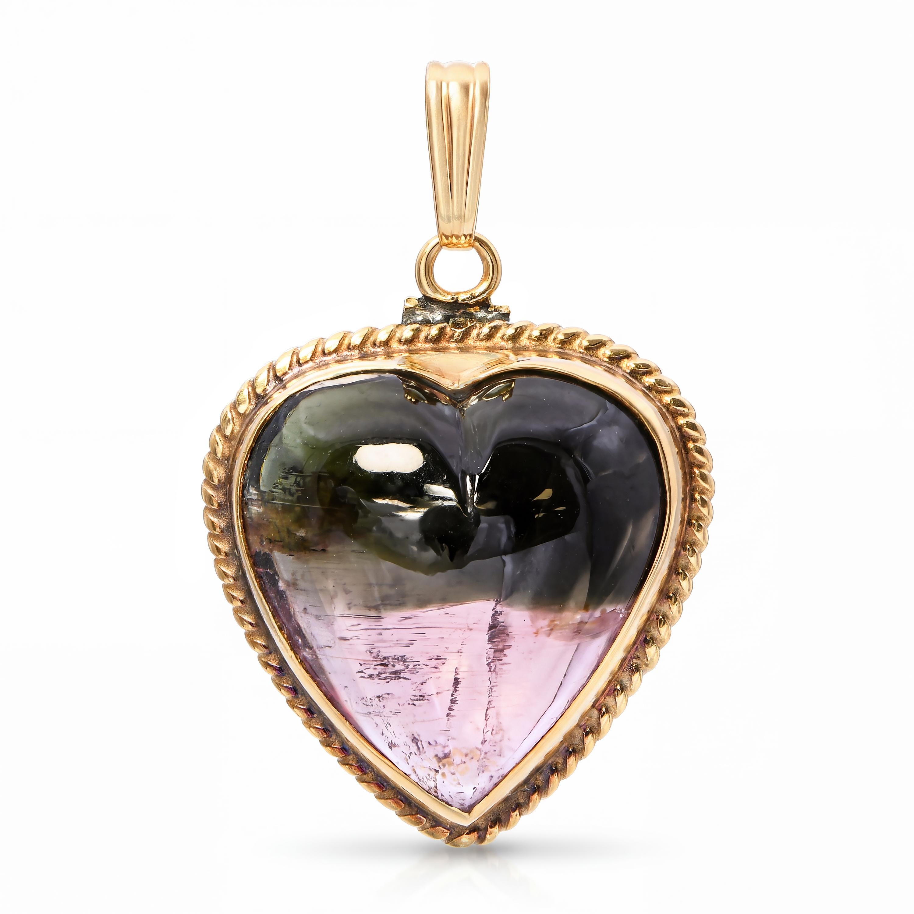 Vintage 14k Yellow Gold 14.2ct Watermelon Tourmaline Heart Pendant